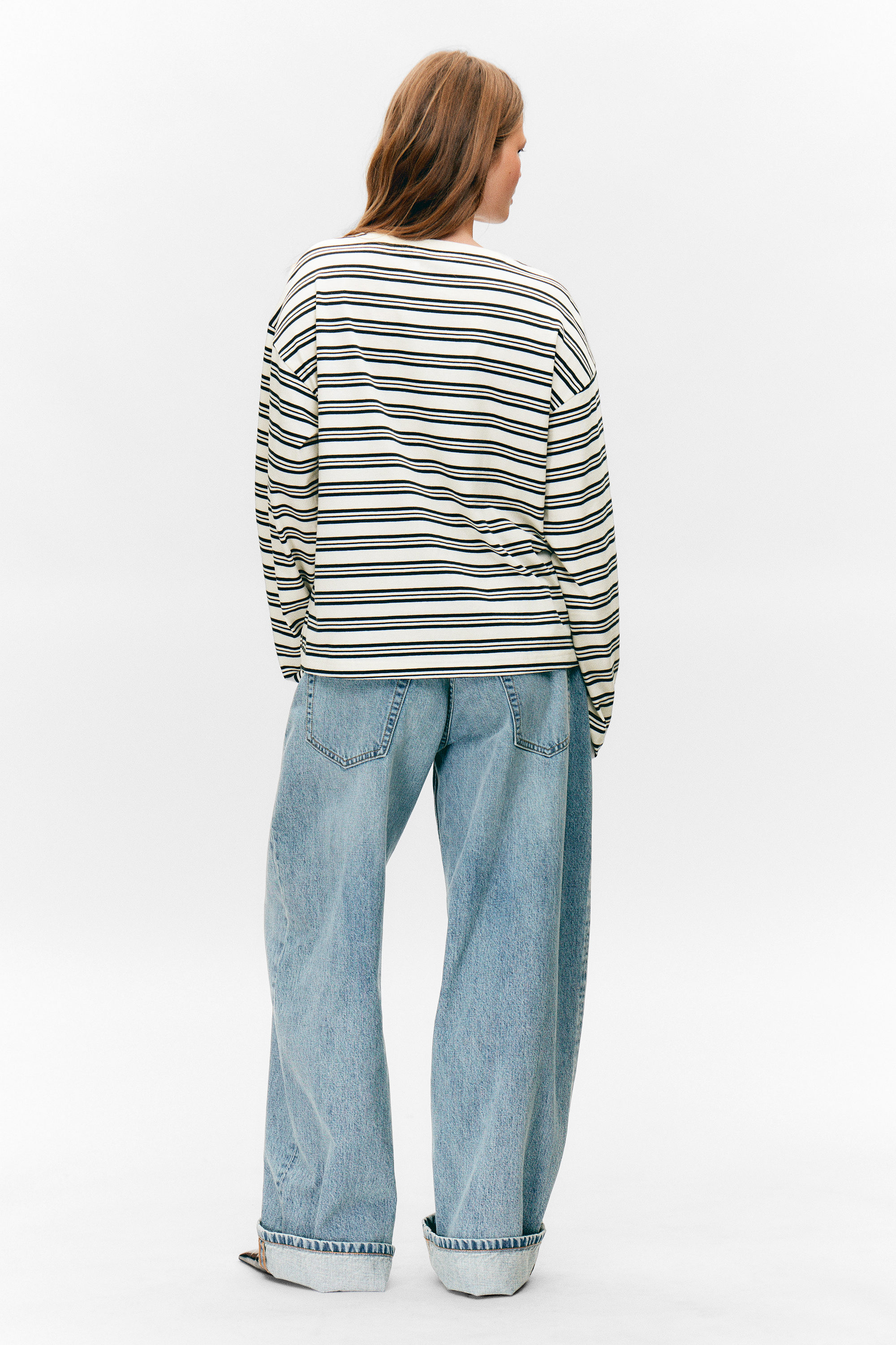 White - Black Stripes - Long-Sleeved Cotton T-shirt - 2