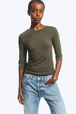 Dark Khaki Green - Fitted Three-Quarter Sleeve Top - 2