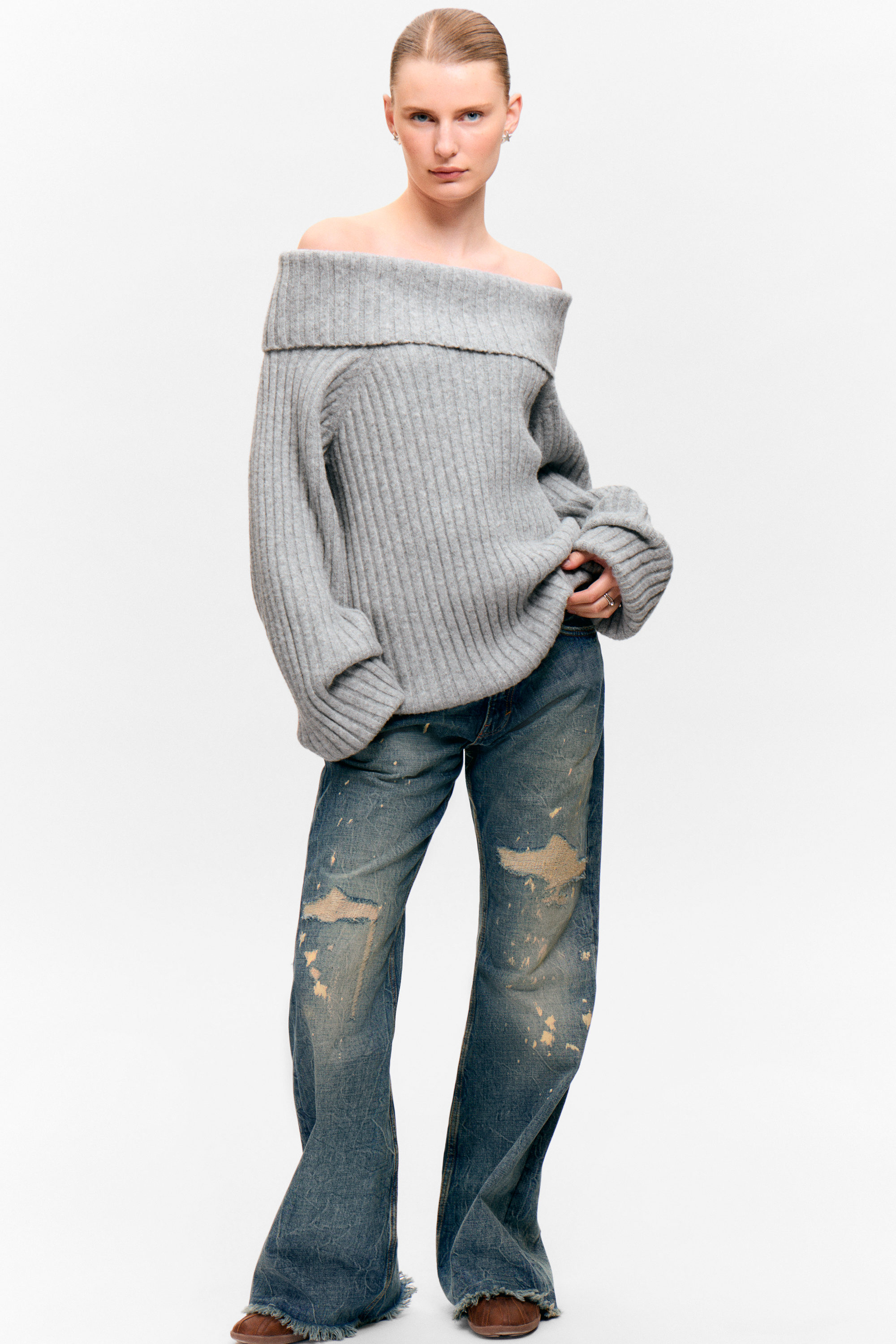 Grey Melange - Off-Shoulder Ribbed Knitted Sweater - 2