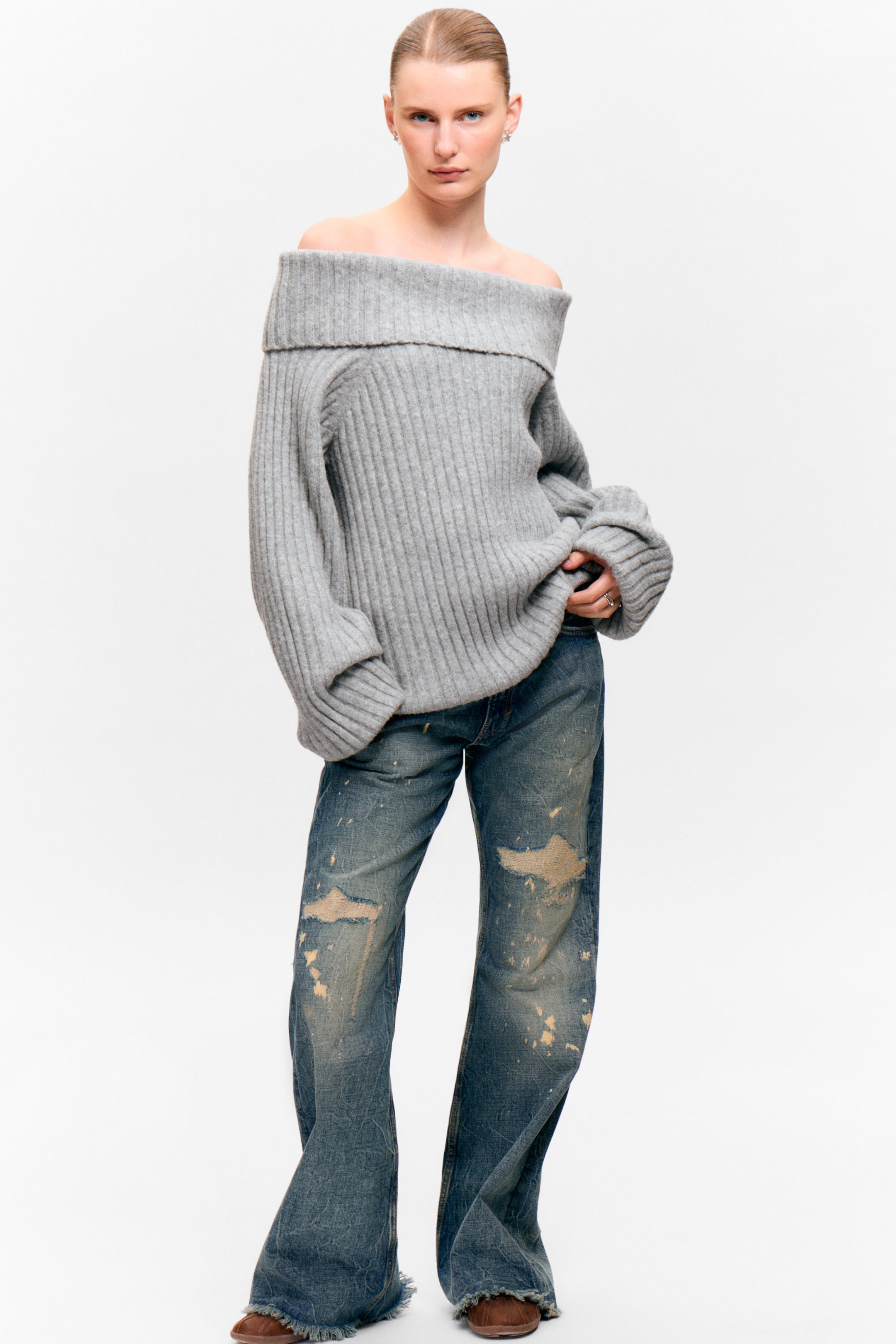 Grey Melange - Off-Shoulder Ribbed Knitted Sweater - 2