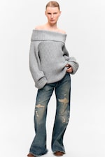 Gris chiné - Pull côtelé à épaules dénudées - 1