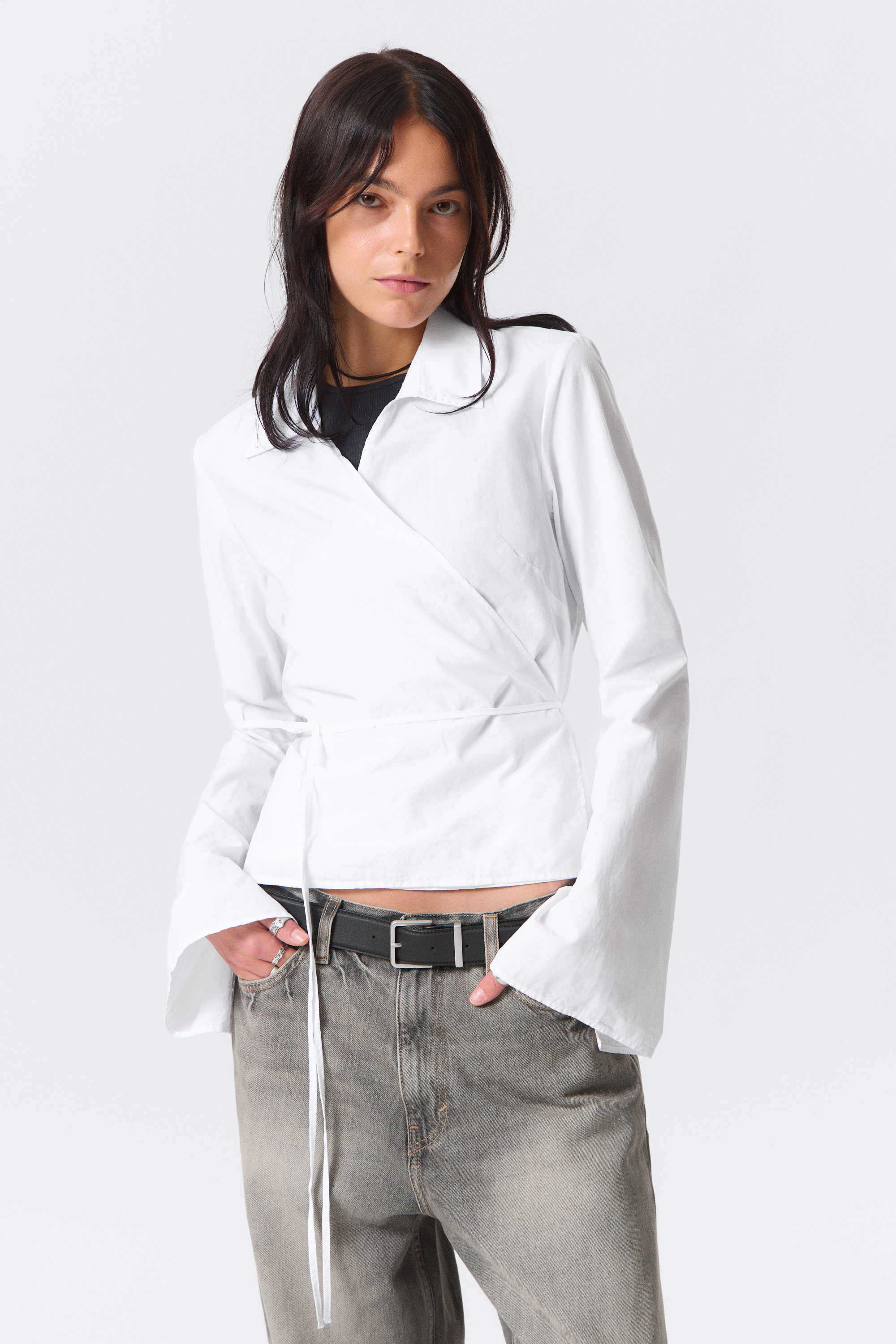 White - Long-Sleeved Wrap Poplin Shirt - 1