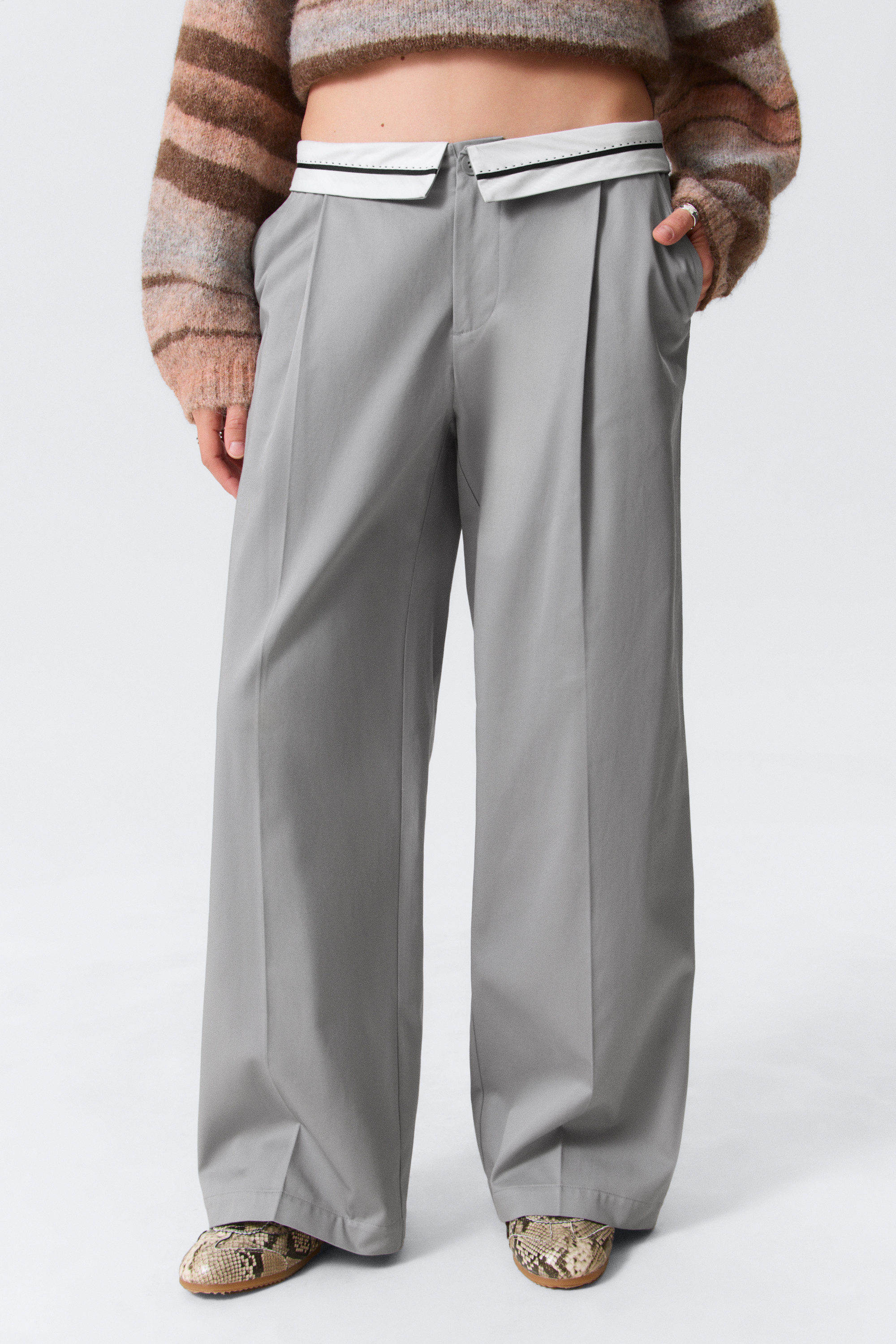 Grey - Low Rise Folded Waist Twill Trousers - 3