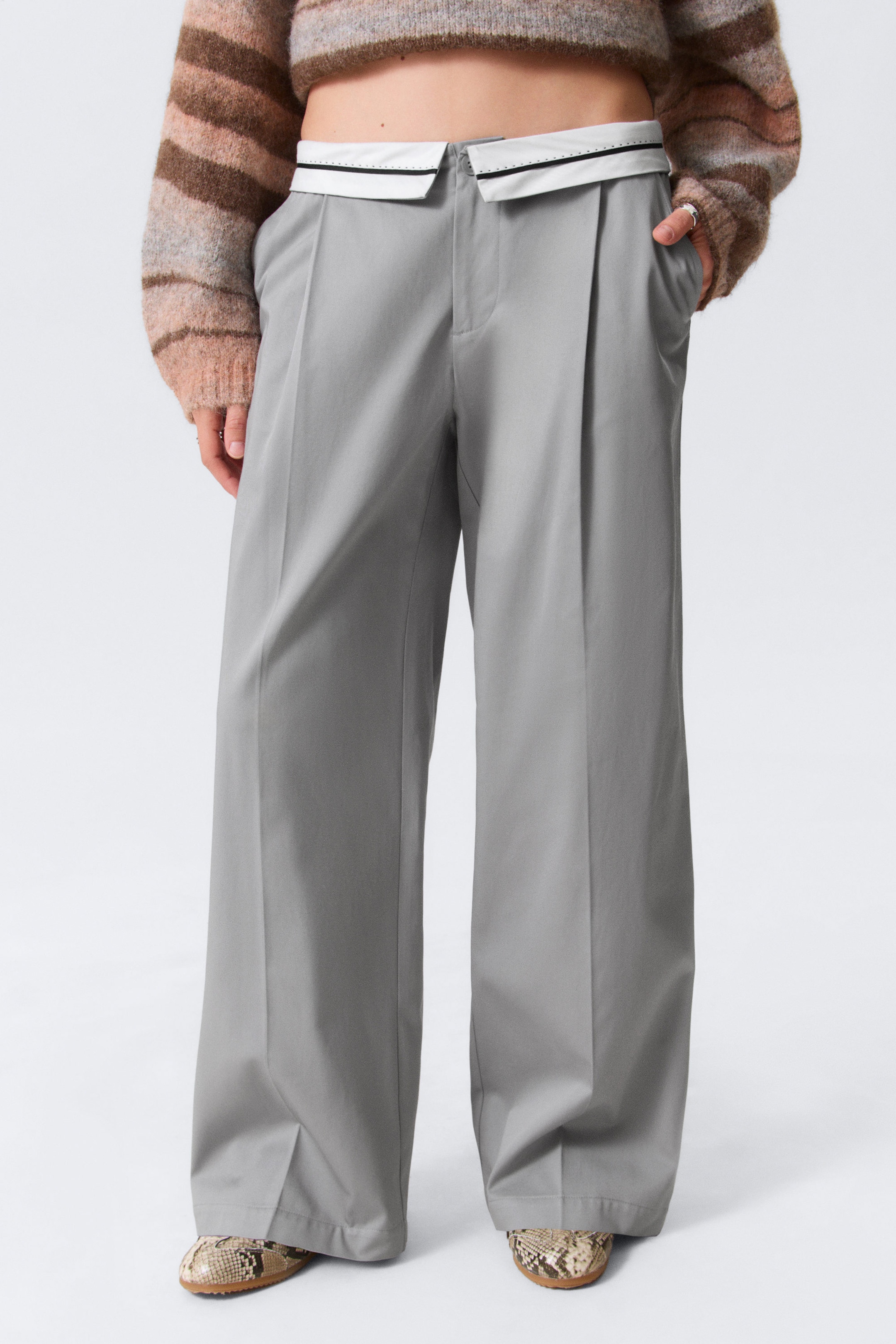 Grey - Low Rise Folded Waist Twill Trousers - 2