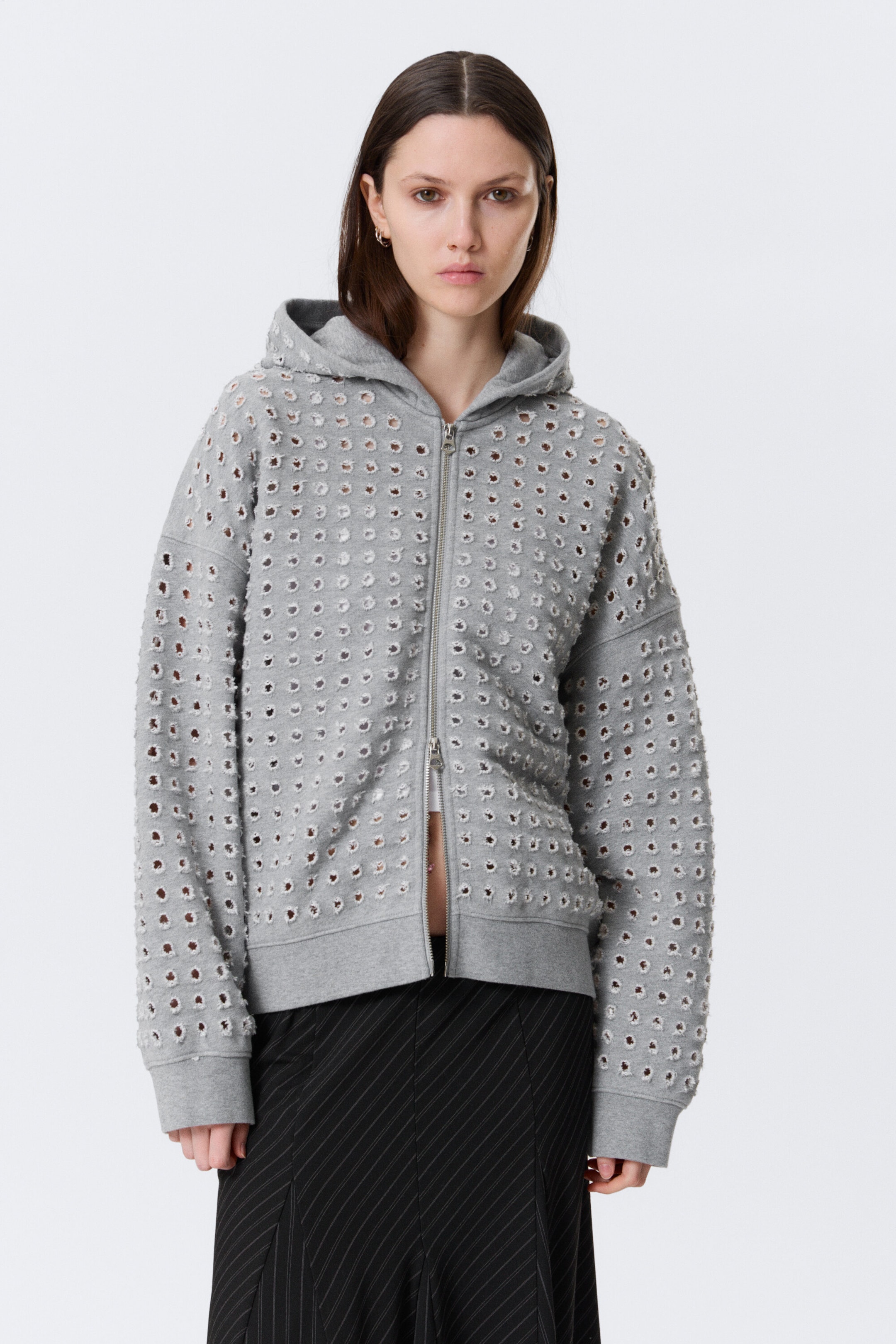 Grey Melange - Boxy Laser-Cut Zip Hoodie - 1