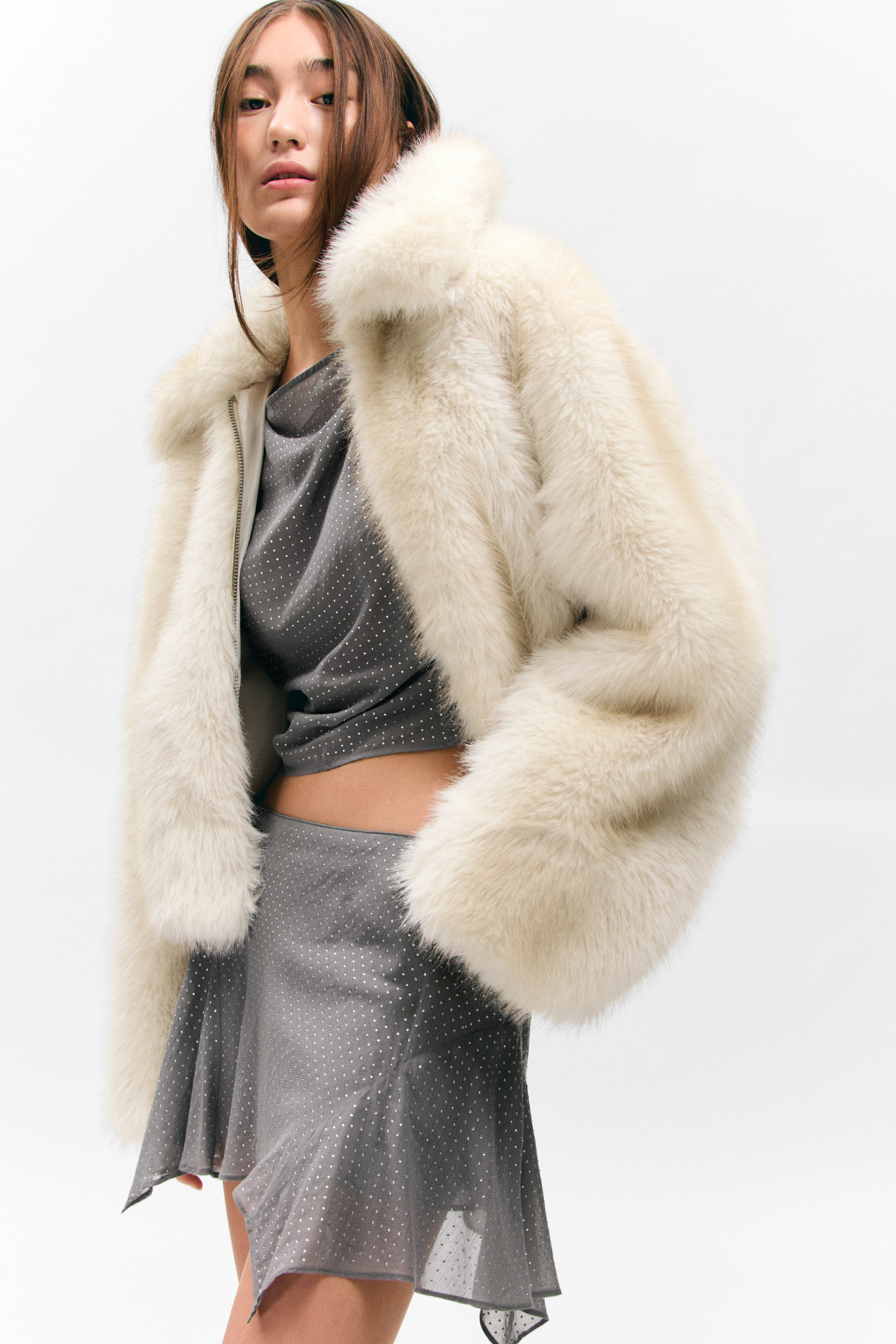 Grey - Rhinestones - Asymmetric Sequin Mini Skirt - 2