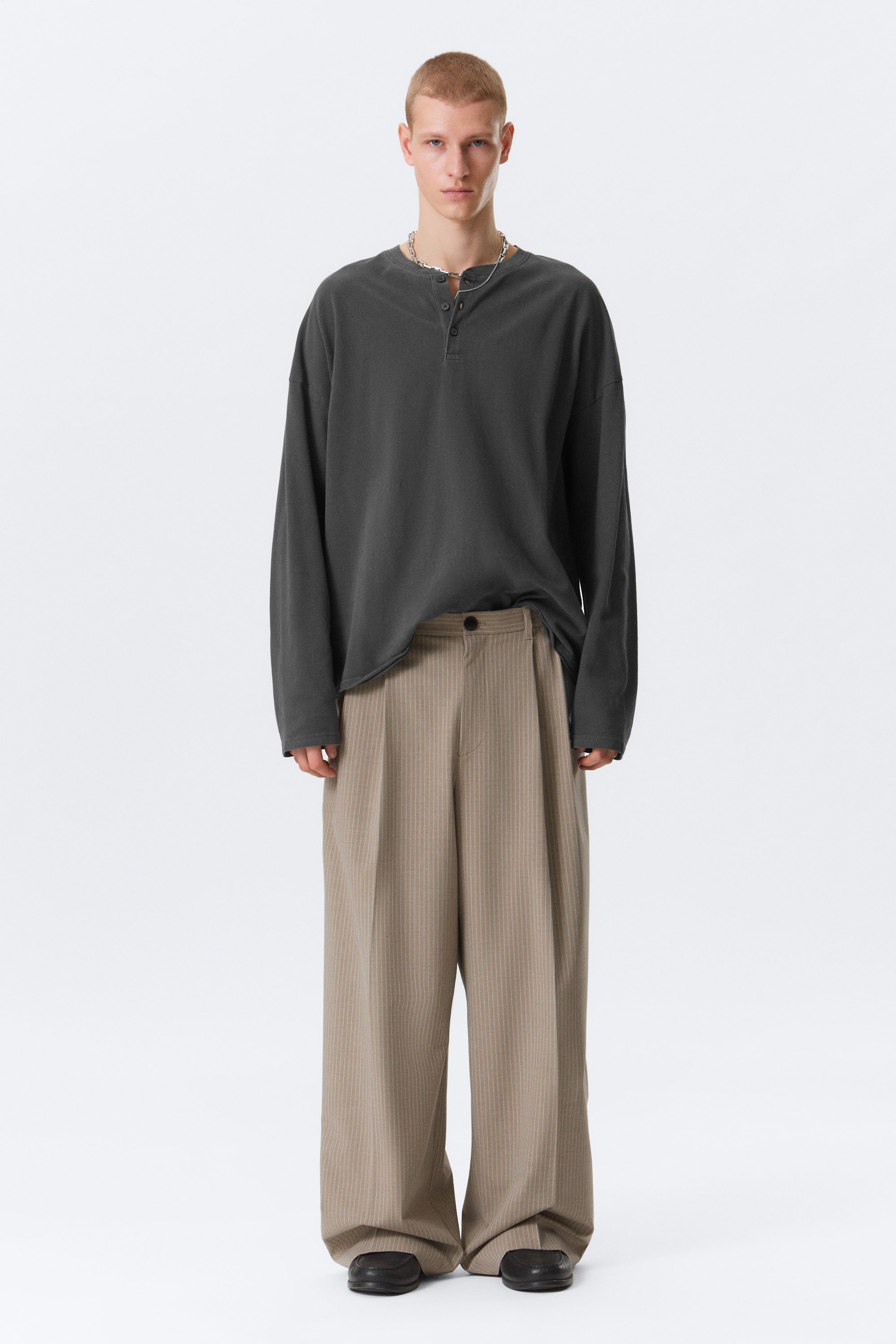 Pinstriped Beige Melange - Nate Loose Fit Pleated Suit Trousers - 1