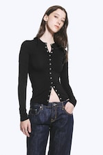 Striped Dark Grey - Slim Long-Sleeved Buttoned Cardigan - 1