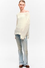 White - Loose Open-Knit Side Slit Sweater - 1