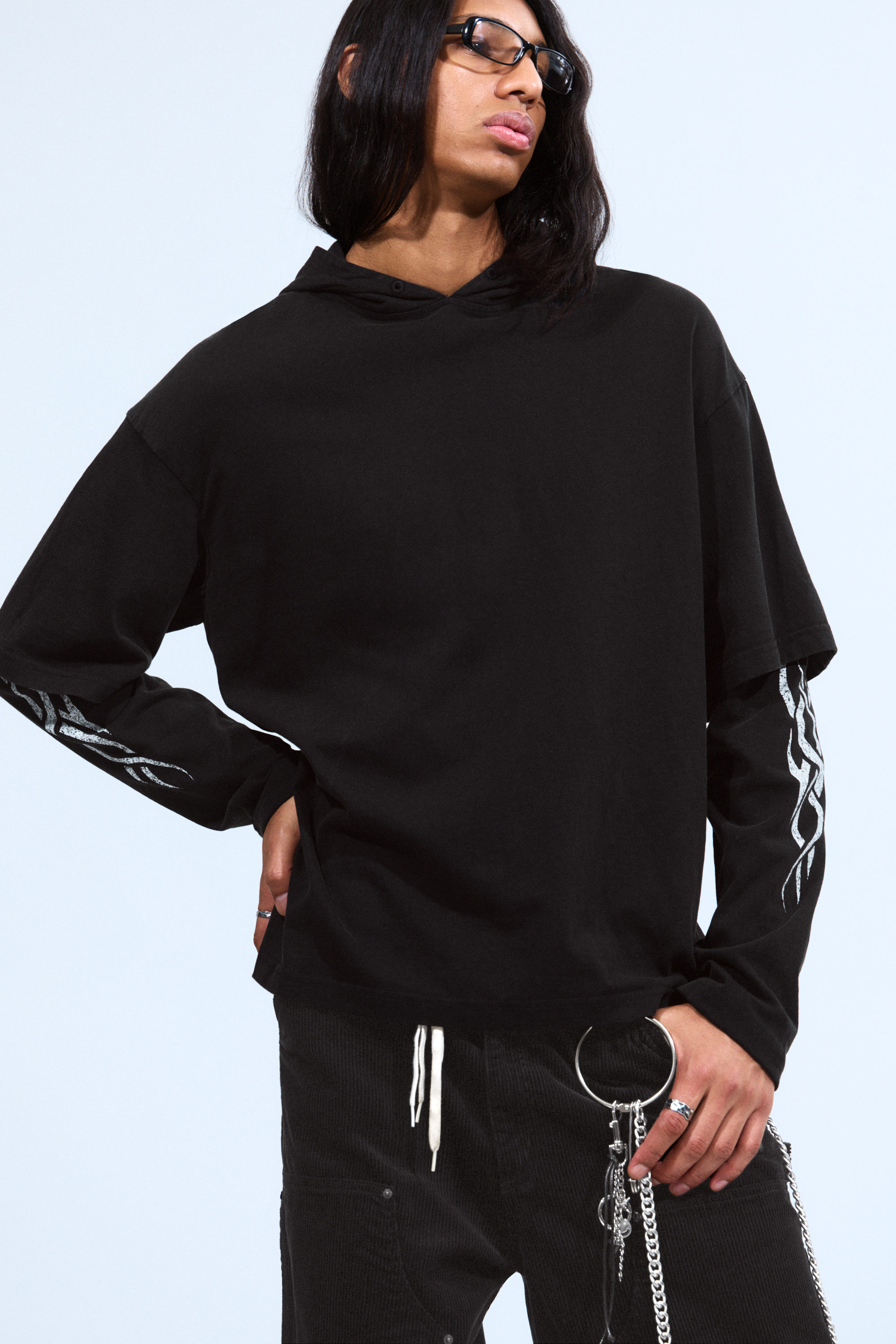 Svart - Vit Tribal - Långärmad dubbel-lager oversized t-shirt - 1