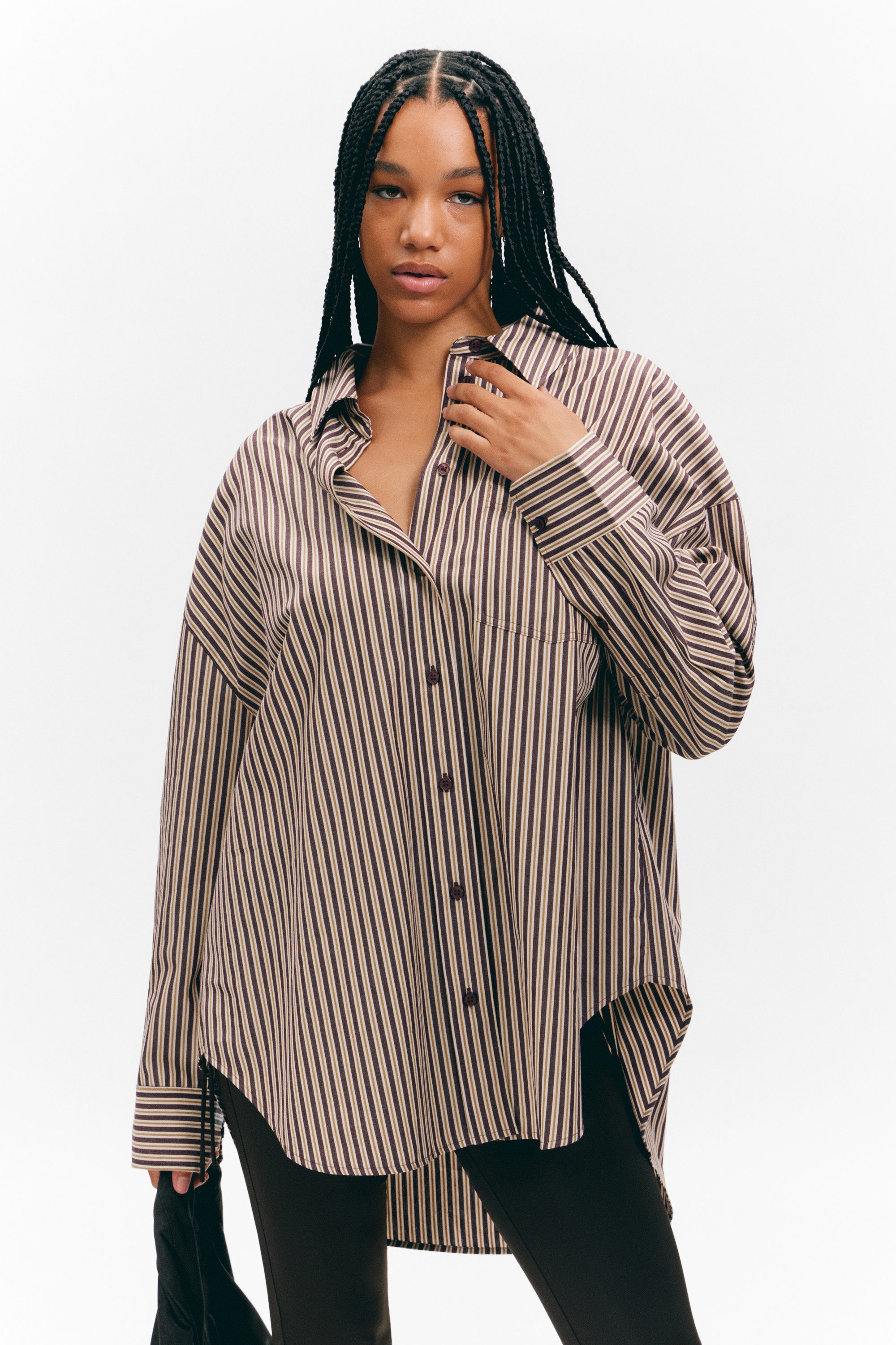 Burgundy & Yellow Stripes - Oversized Long-Sleeved Cotton Shirt - 2