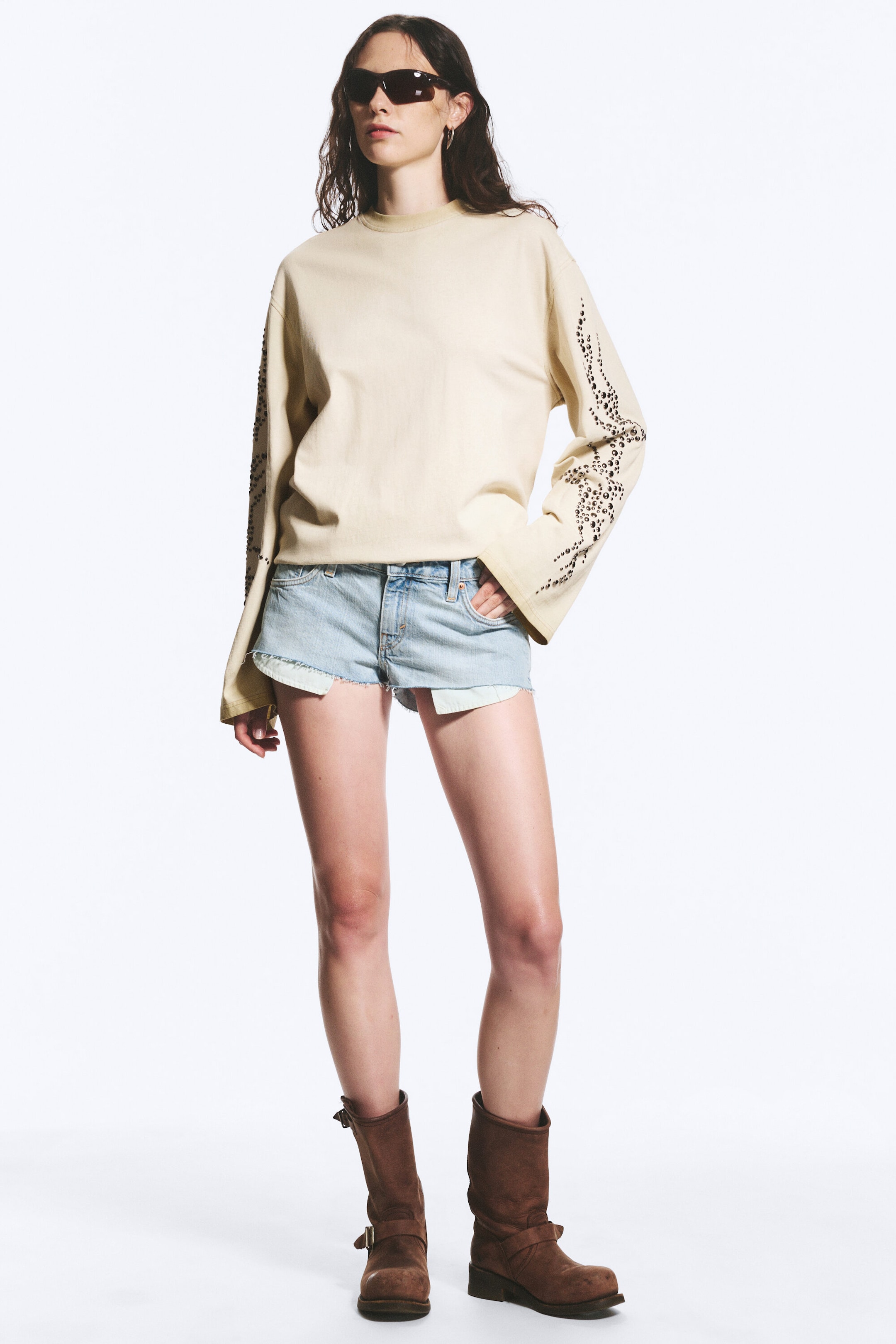 Dusty Beige - Studded - Oversized Graphic Long-Sleeved T-shirt - 2