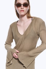 Beige - Sheer Long-Sleeved V-neck Maxi Dress - 1