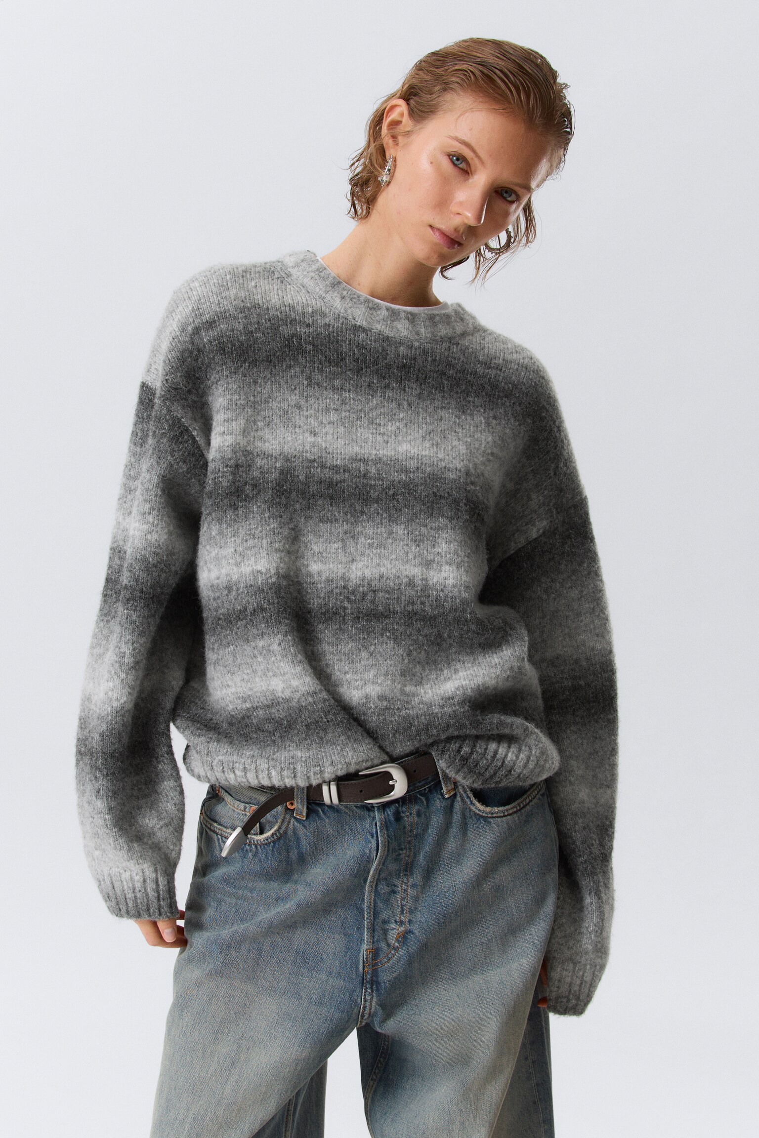 Loose Fit Space-Dyed Knitted Sweater - Grey Melange - 1