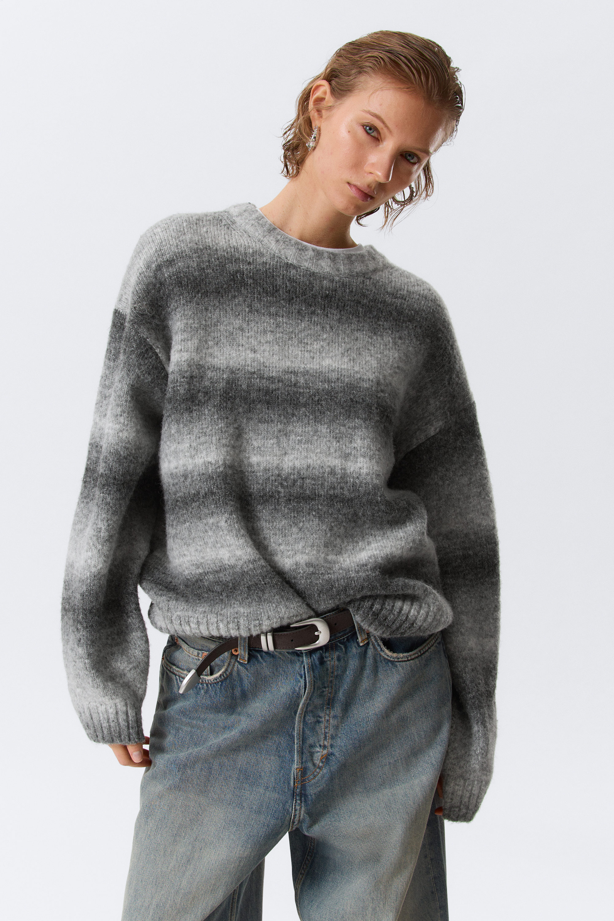 Grey Melange - Loose Fit Space-Dyed Knitted Sweater - 1