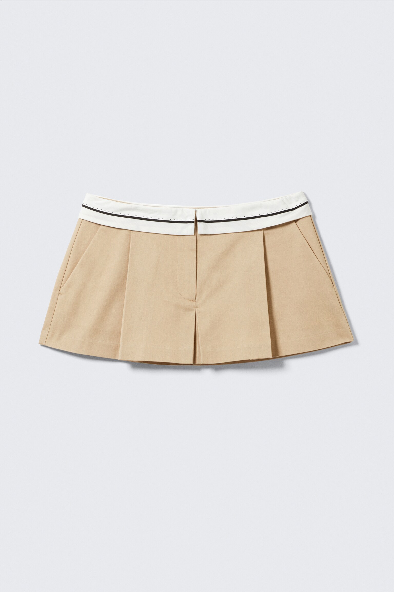 Folded Waist Pleated Mini Skirt - Beige - 2