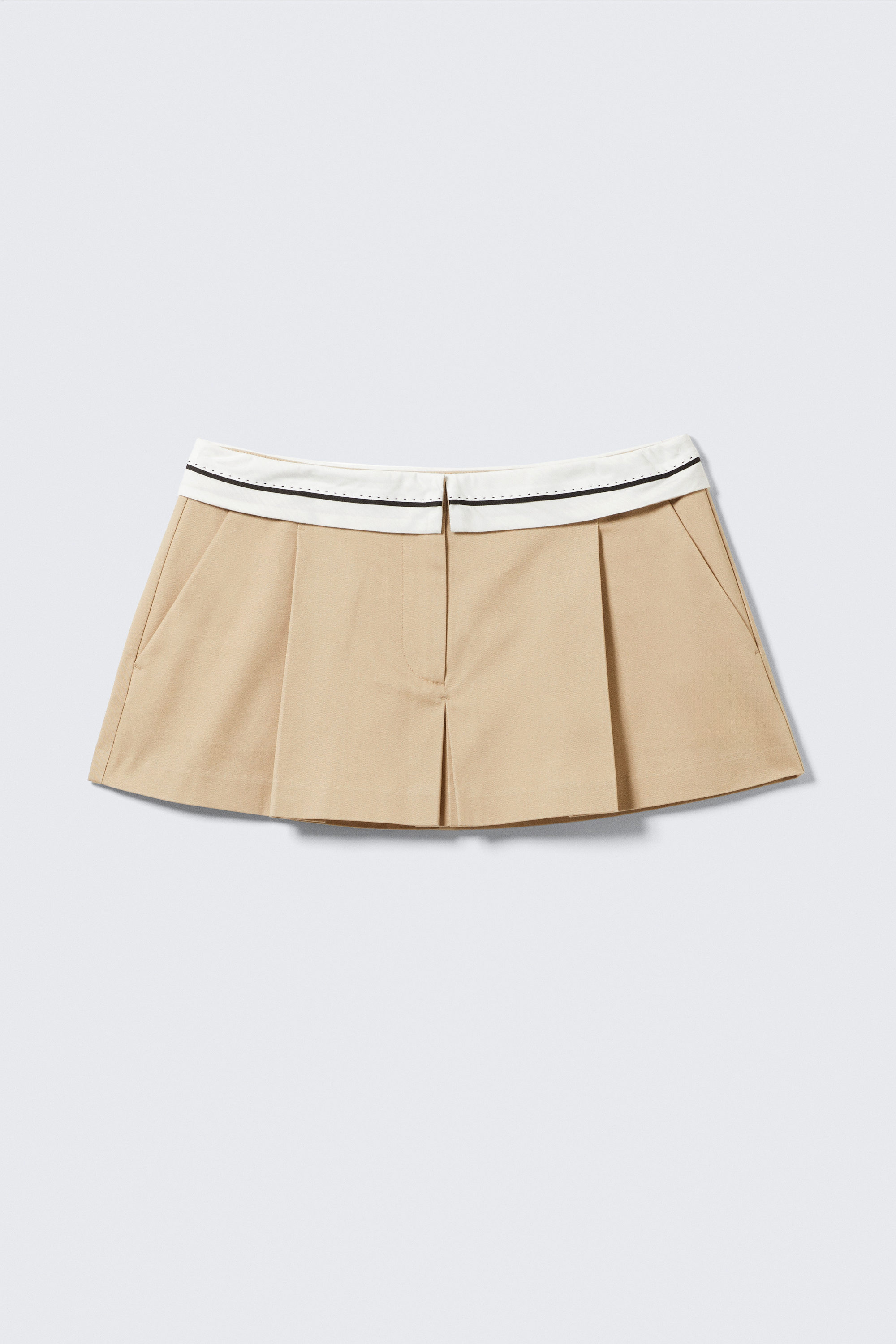 Beige - Folded Waist Pleated Mini Skirt - 3