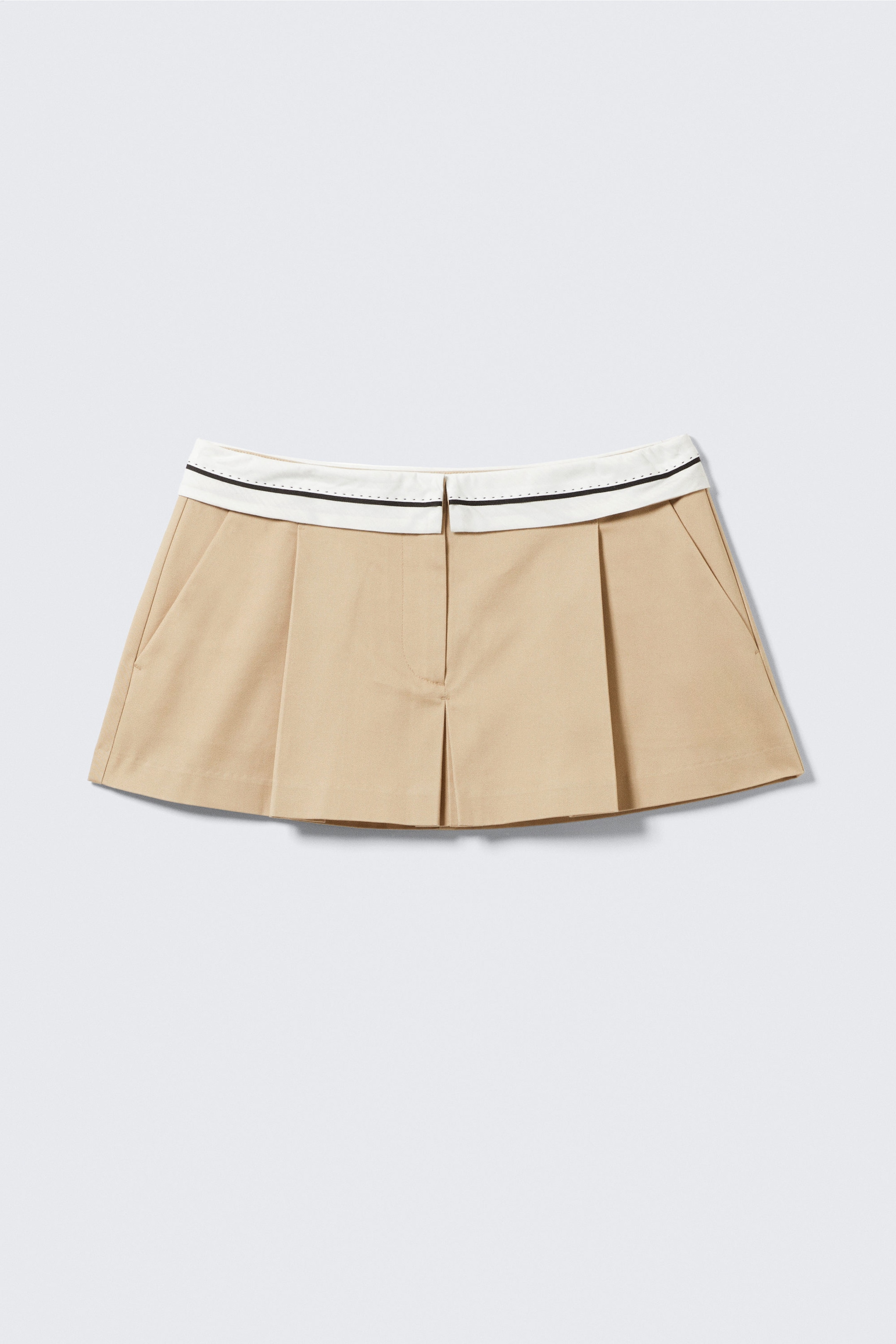Beige - Folded Waist Pleated Mini Skirt - 1