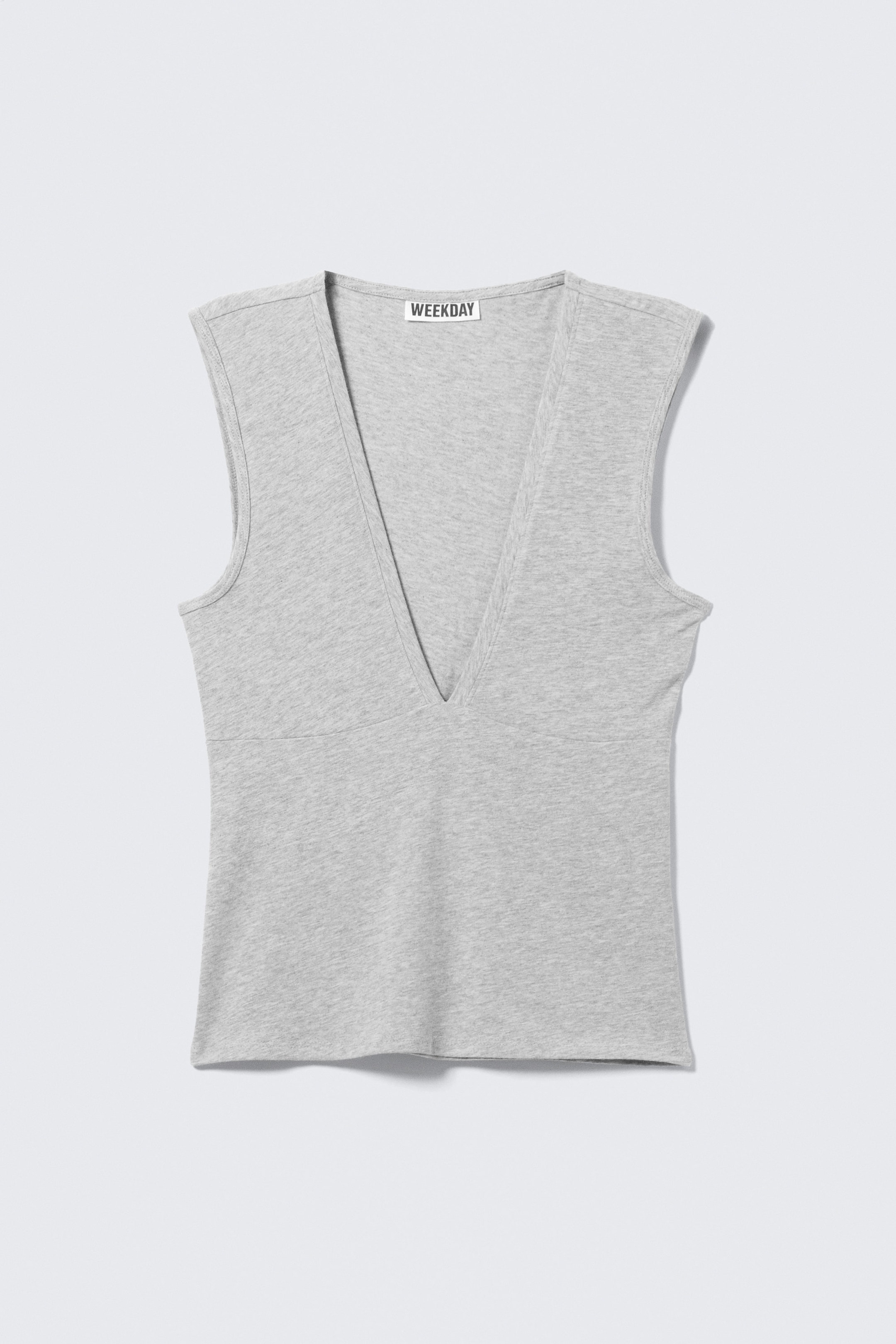 Light Grey Melange - Fitted V-Neck Sleeveless Top - 4