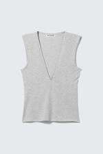 Light Grey Melange - Fitted V-Neck Sleeveless Top - 4