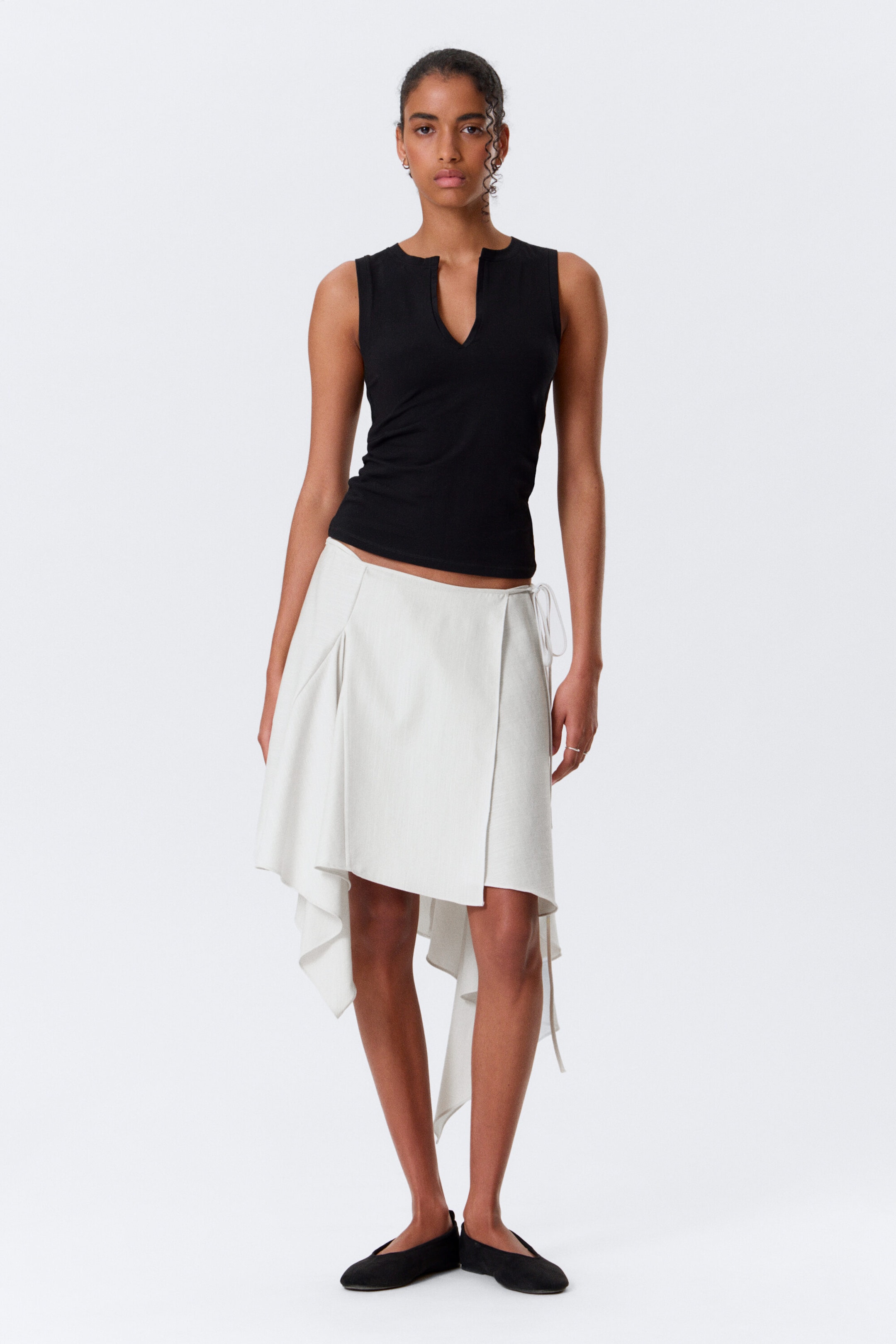 Light Beige - Asymmetric Mid Rise Wrap Midi Skirt - 3