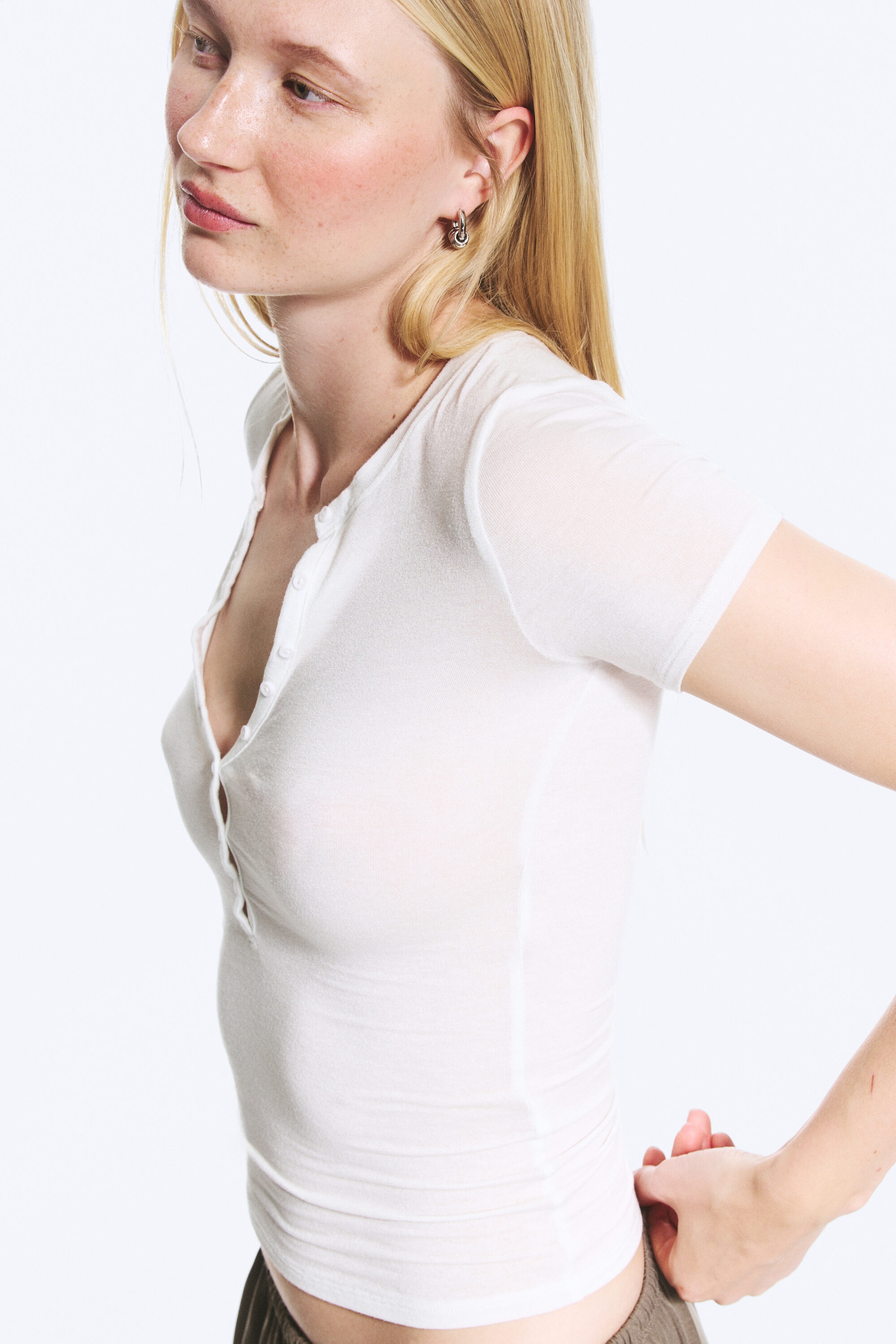 Weiß - Kurzärmliges Henley-Top - 4