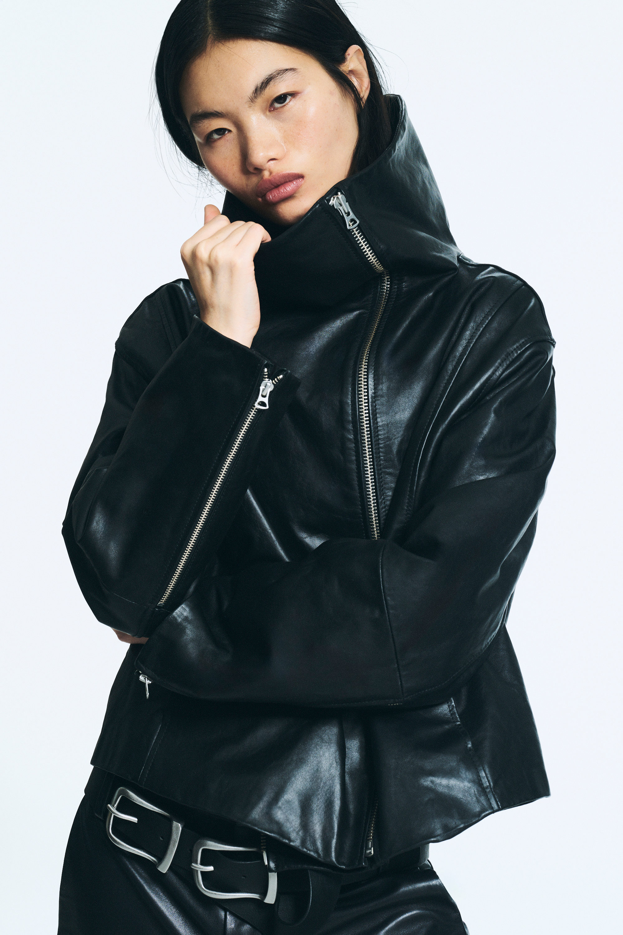 Black - High Collar Leather Jacket - 1