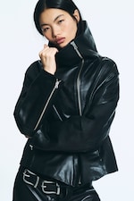 Noir - Veste en cuir à col montant - 0