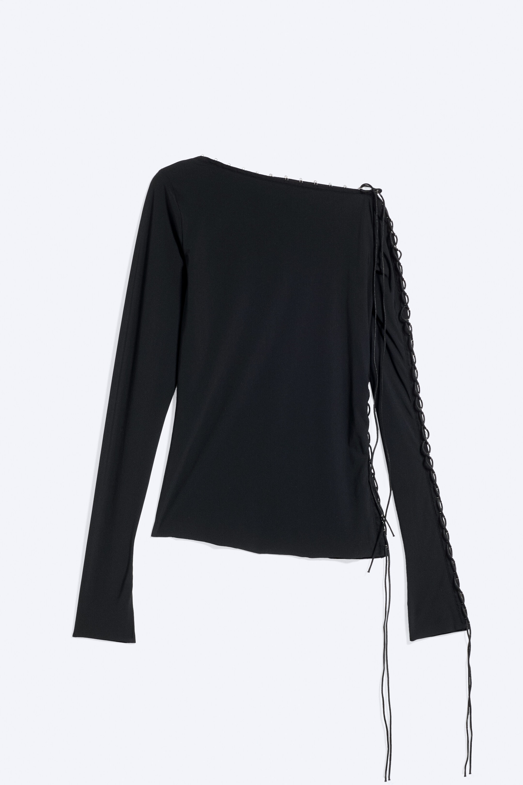 Schwarz - Langärmeliges One-Shoulder-Top mit Schnürung - 1
