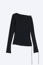Black - Laced One-Shoulder Long-Sleeved Top - 4