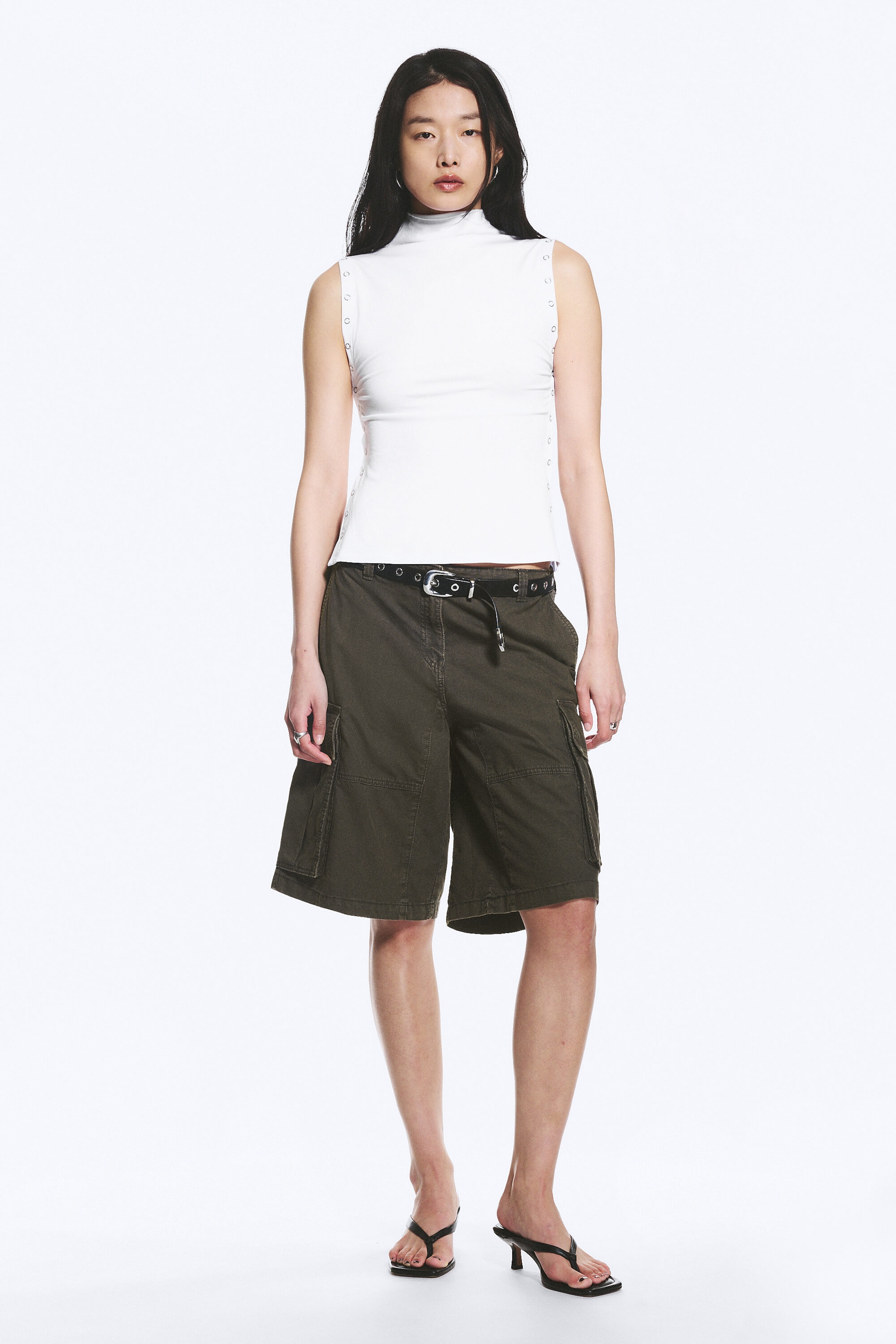 White - Fitted Snap-Button Mock-Neck Top - 2