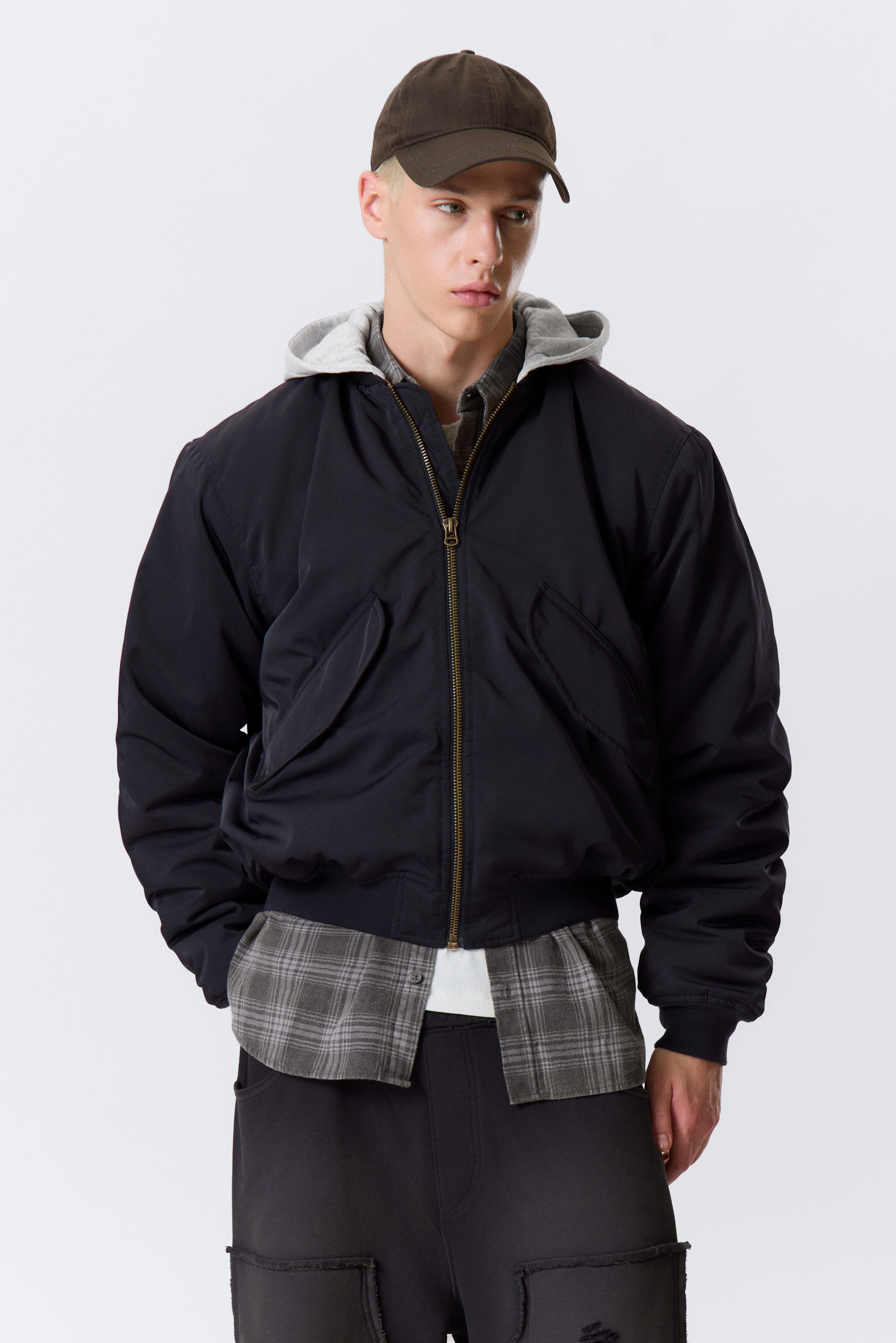 Dark Navy Blue - Loose Hooded Bomber Jacket - 2