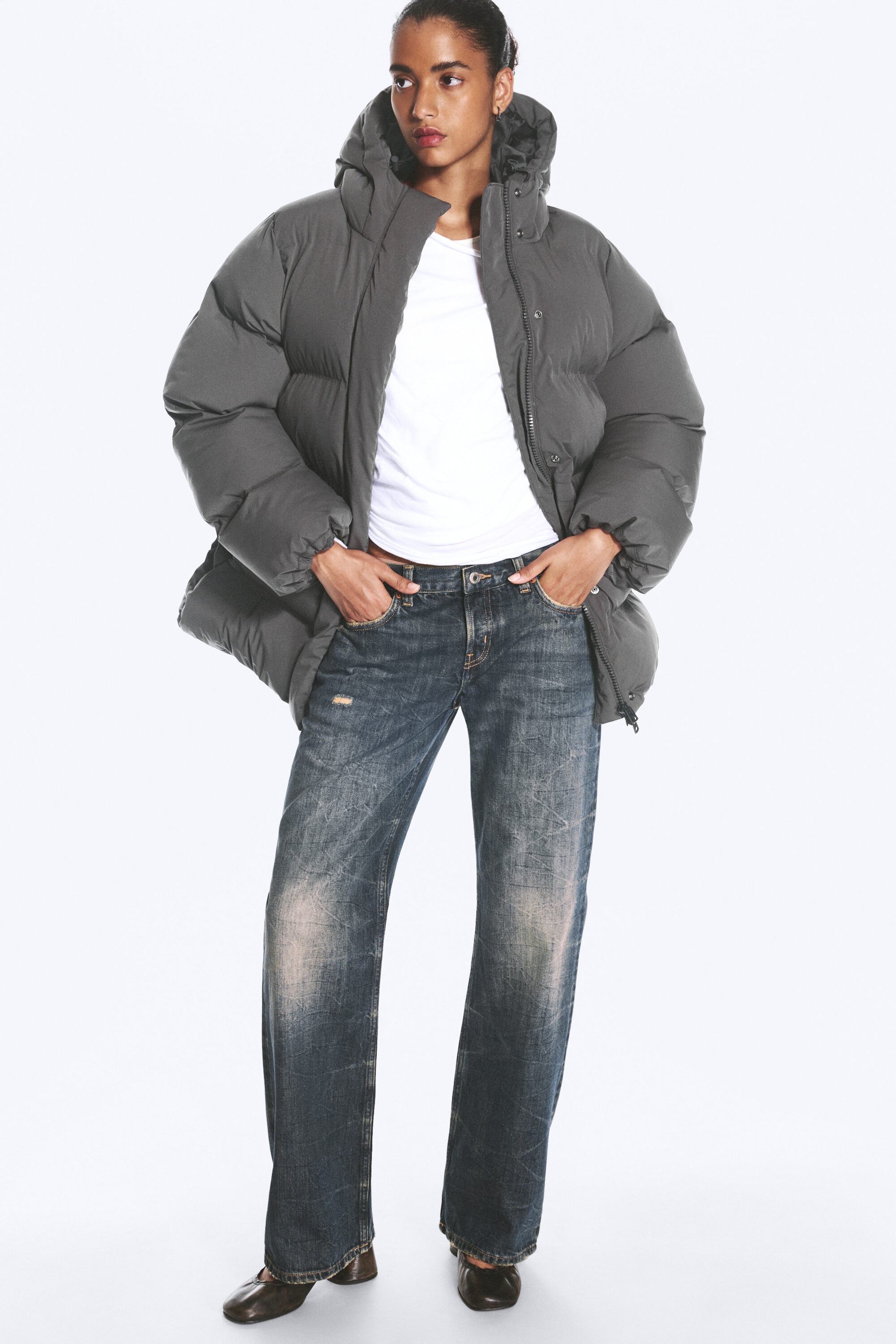 Dark Grey - Waisted puffer jacket - 1
