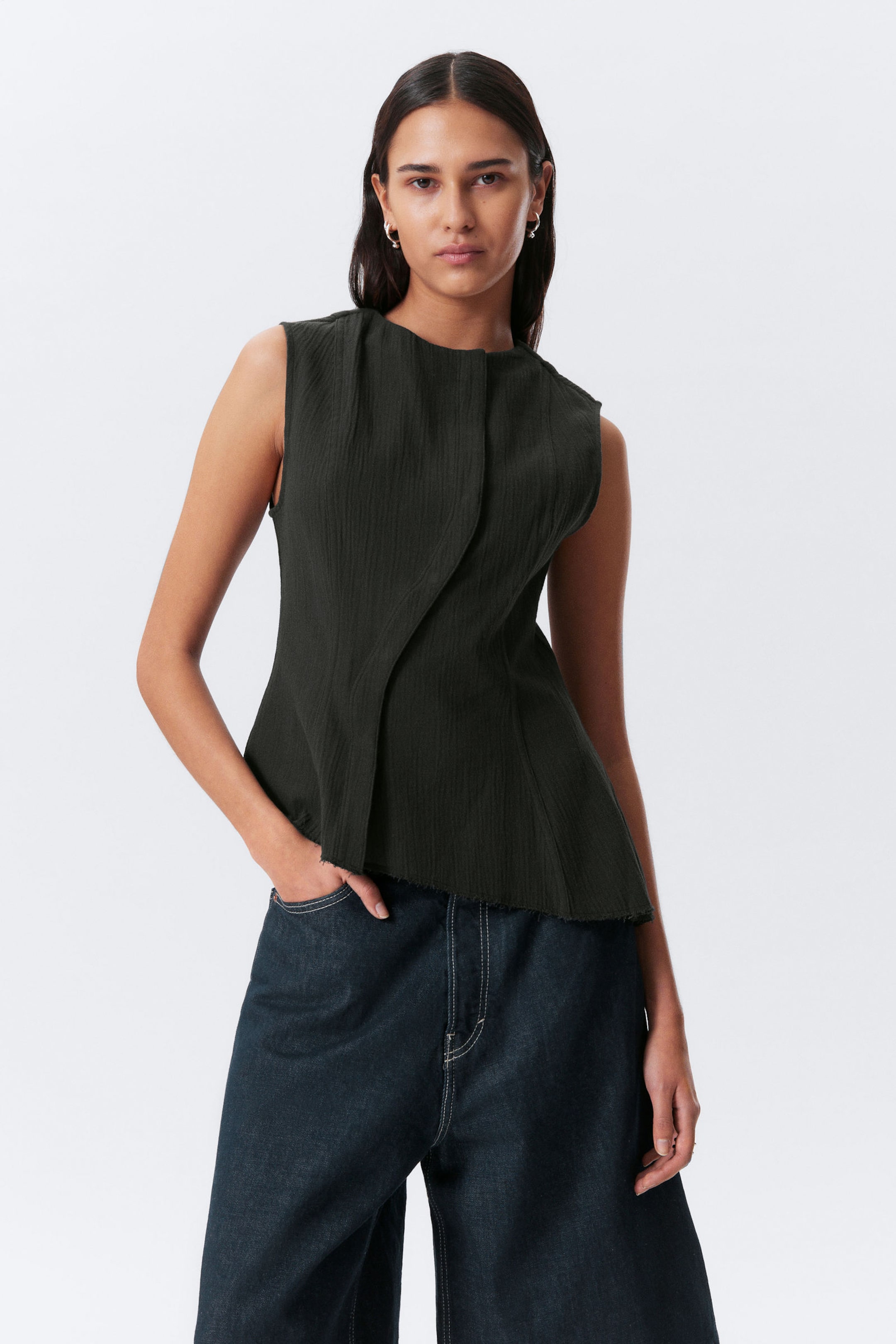 #3A3A3D - Sleeveless Asymmetric Peplum Top - 1