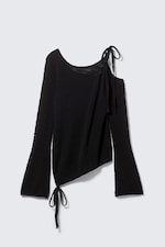 Black - Asymmetric Tie-Shoulder Knitted Sweater - 4