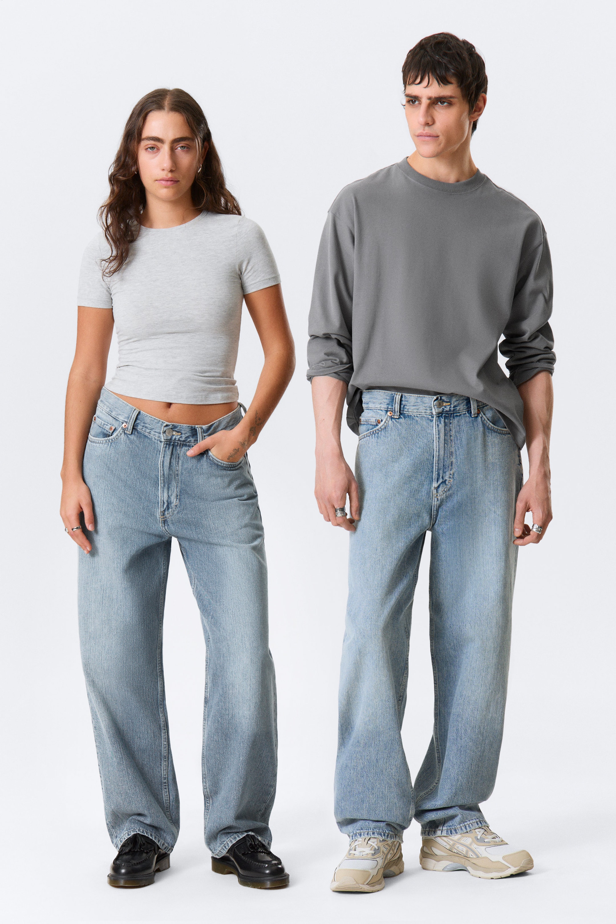 Blue Fade - Medium Blue - Galaxy Mid Rise Loose Straight Leg Unisex Jeans - 1