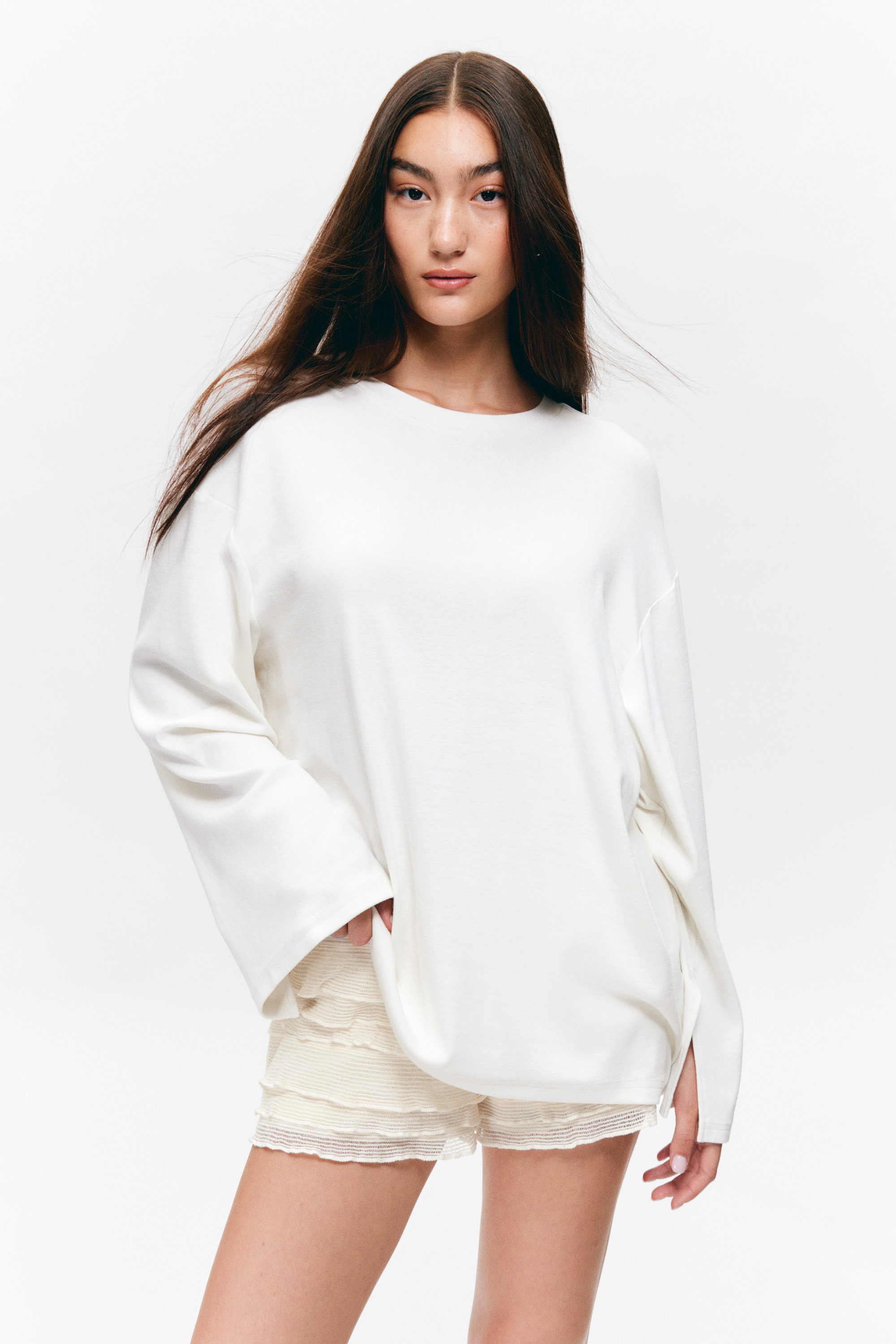 Vit - Mjuk oversized långärmad topp - 3