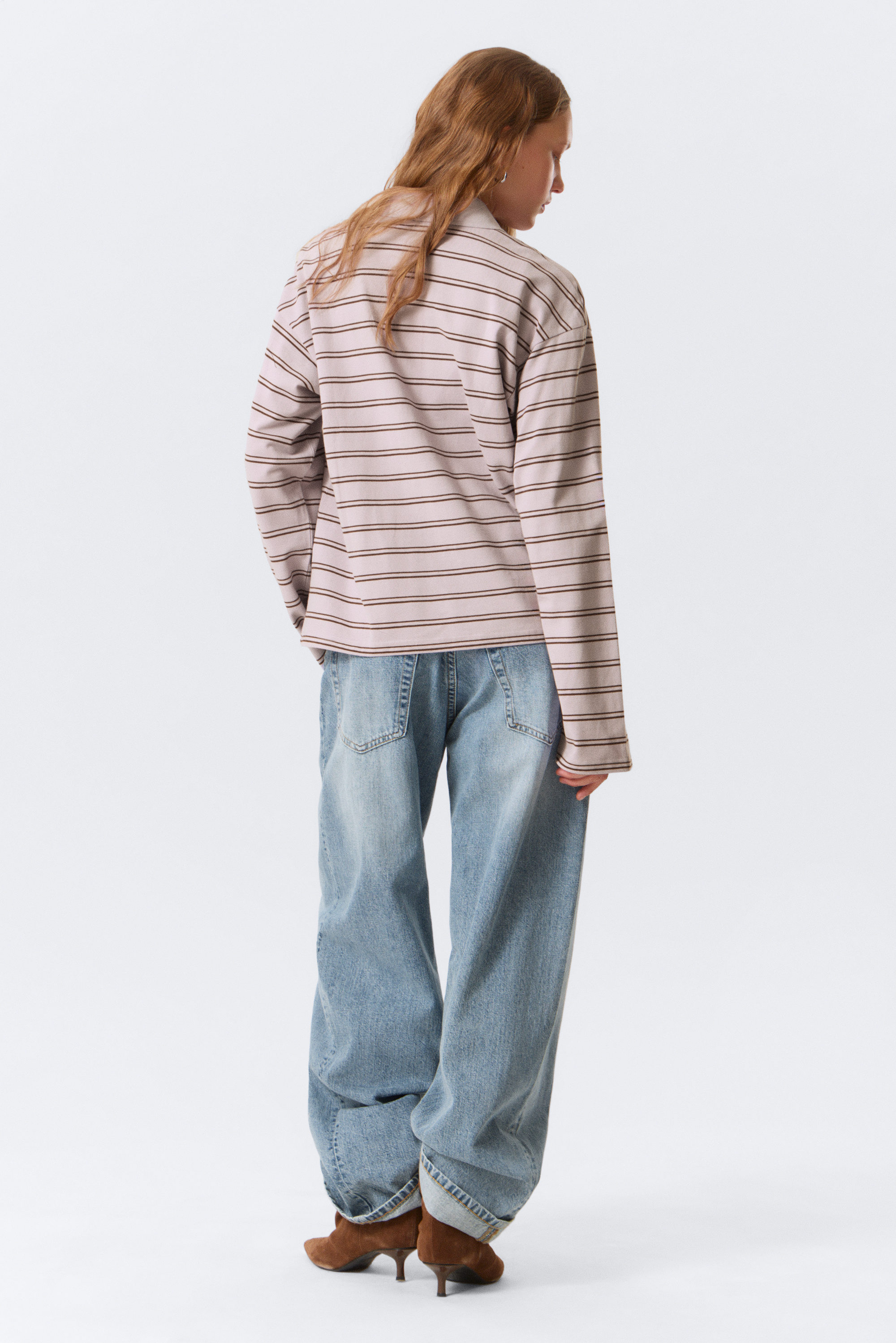Striped Light Pink - Long-Sleeved Cotton Polo Top - 5