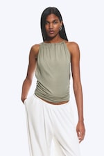 Staubiges Khakigrün - Ärmelloses Neckholder-Top mit Raffungen - 0