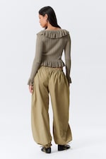 Dusty Khaki Green - YULIA B FRILLED KNITTED V-NECK CARDIGAN - 3