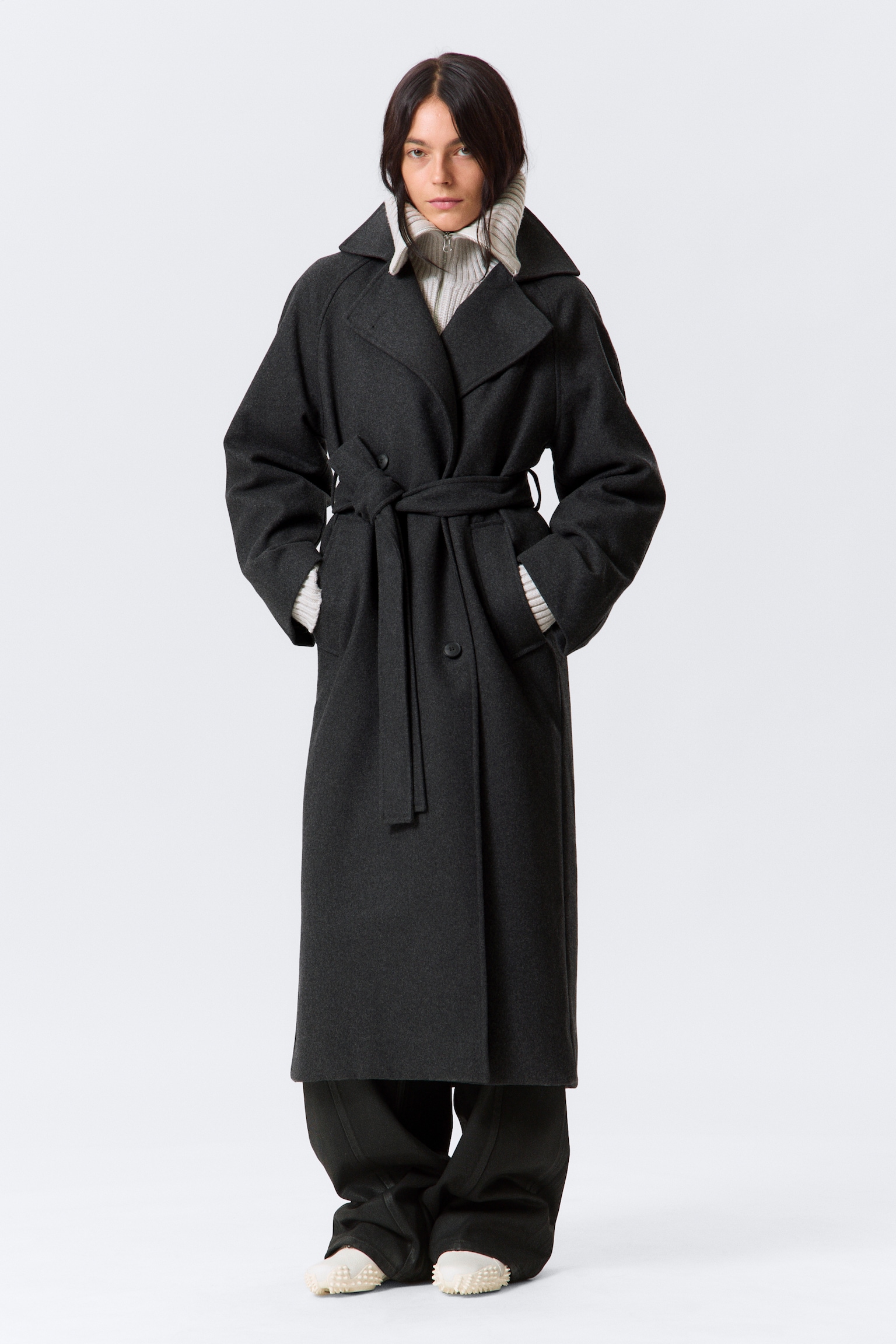 Manteau oversize croisé en laine mélangée Kia - Gris foncé chiné/Beige clair - 10