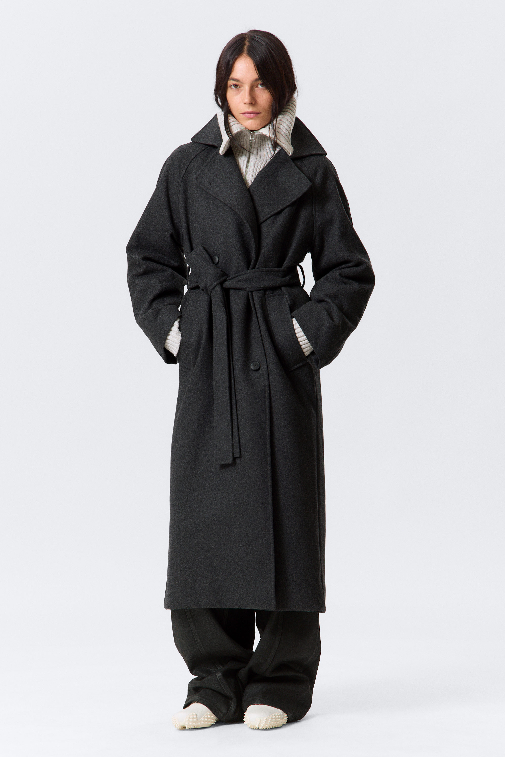 Dark Grey Melange - Kia Oversized Wool-Blend Double-Breasted Coat - 2