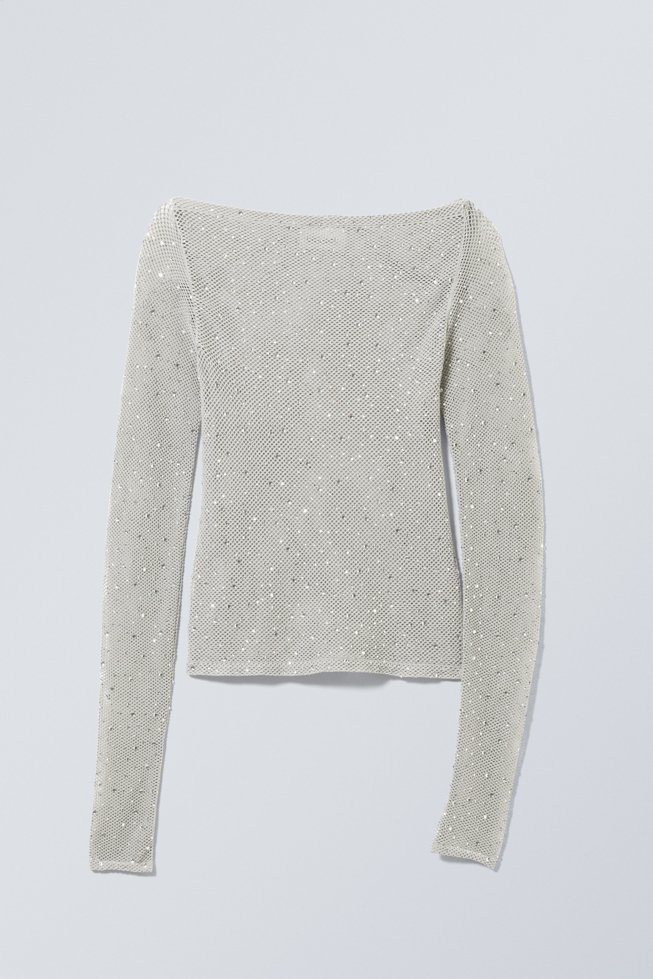 Grey - Net Rhinestone Long Sleeve Top - 0
