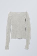 Grey - Net Rhinestone Long Sleeve Top - 0