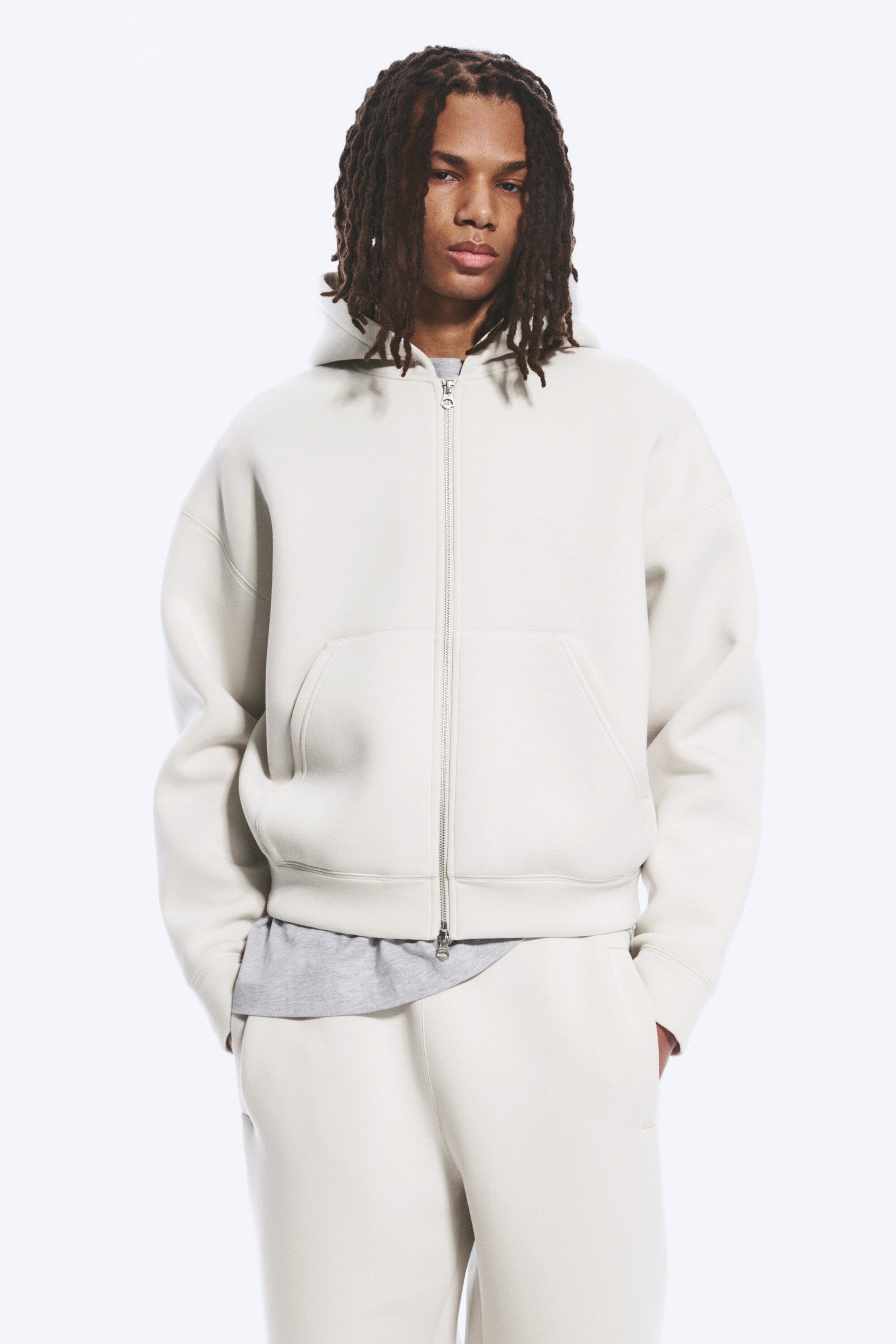 Taupe cendré clair - Sweat à capuche zippé en scuba Simon - 1