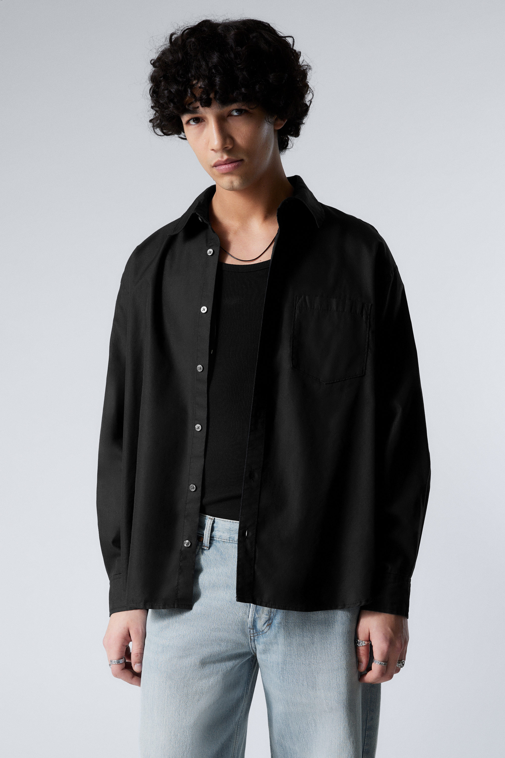 Black - Oversized Cotton Viscose Shirt - 1