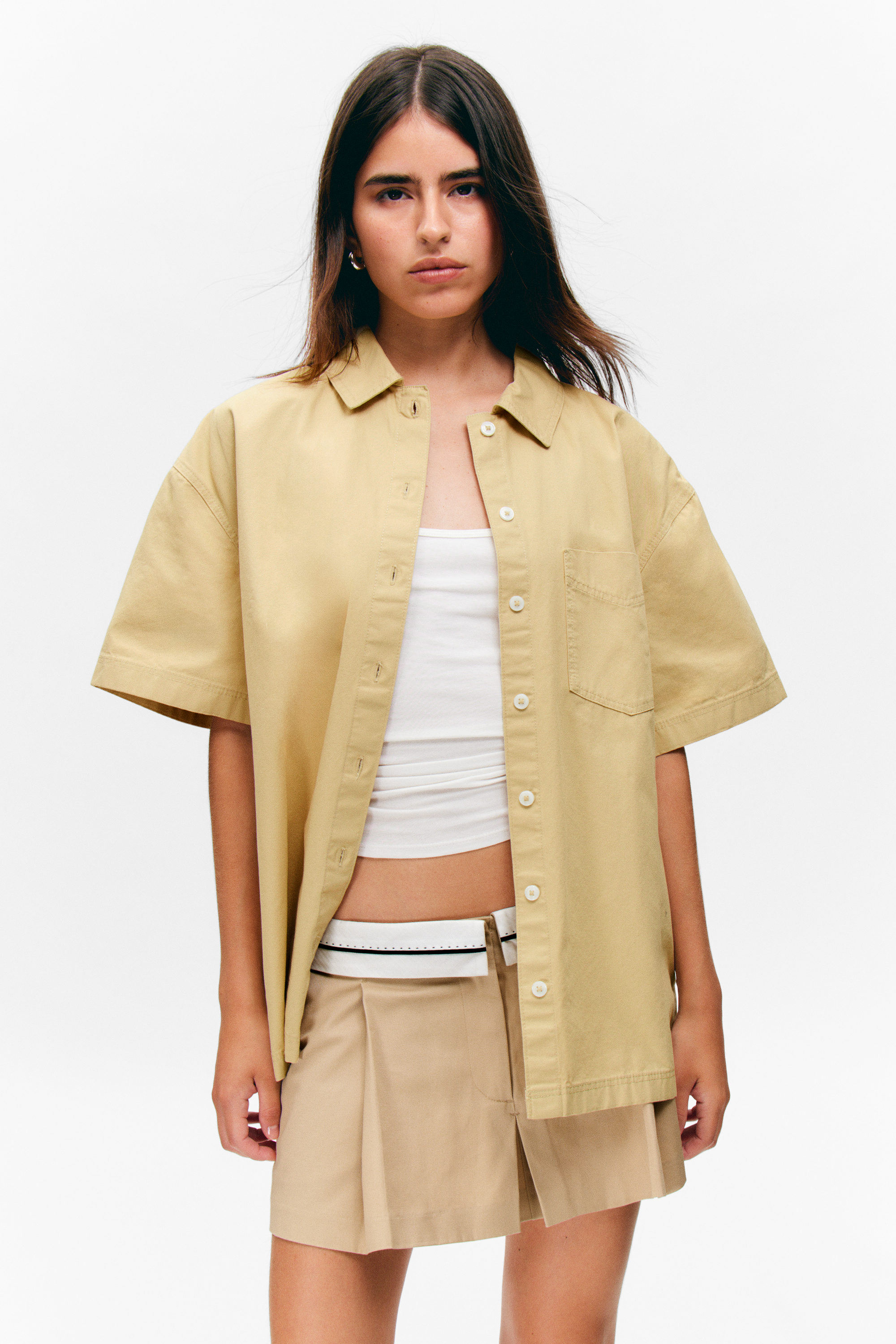 Beige - Oversized kortärmad skjorta i bomullscanvas - 2