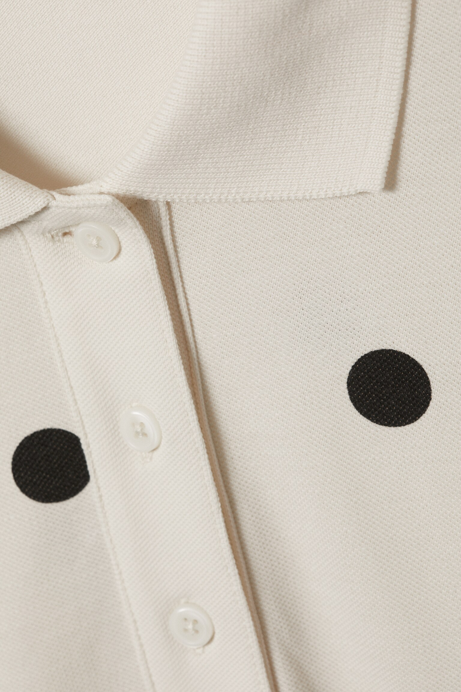 Long-Sleeved Cotton Polo Top - White - Black Dots/Striped Light Pink - 4