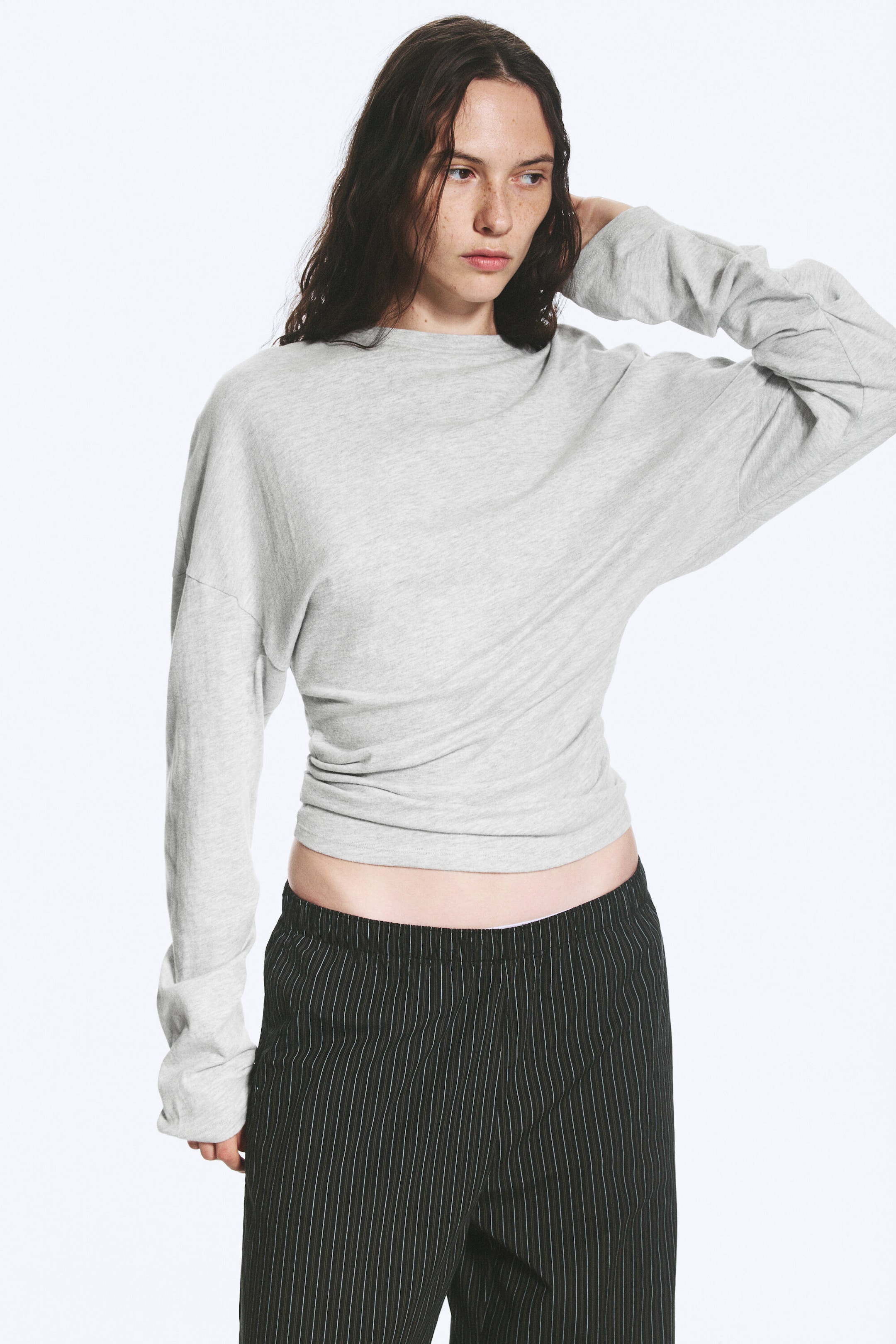 Light Grey Melange - Pleated Long-Sleeved Top - 1