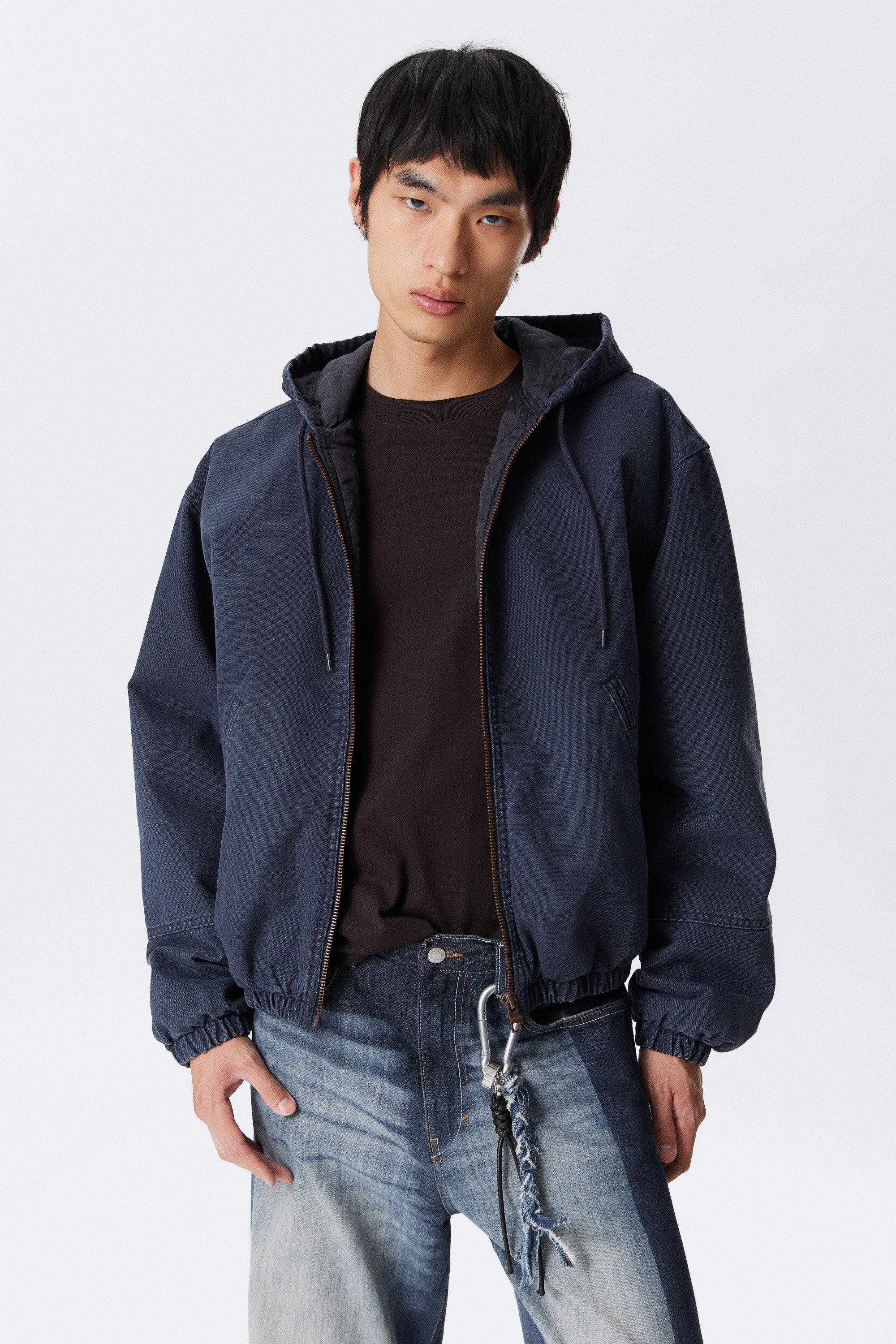 Washed Navy Blue - Relaxed Hooded Bomber Jacket - 1